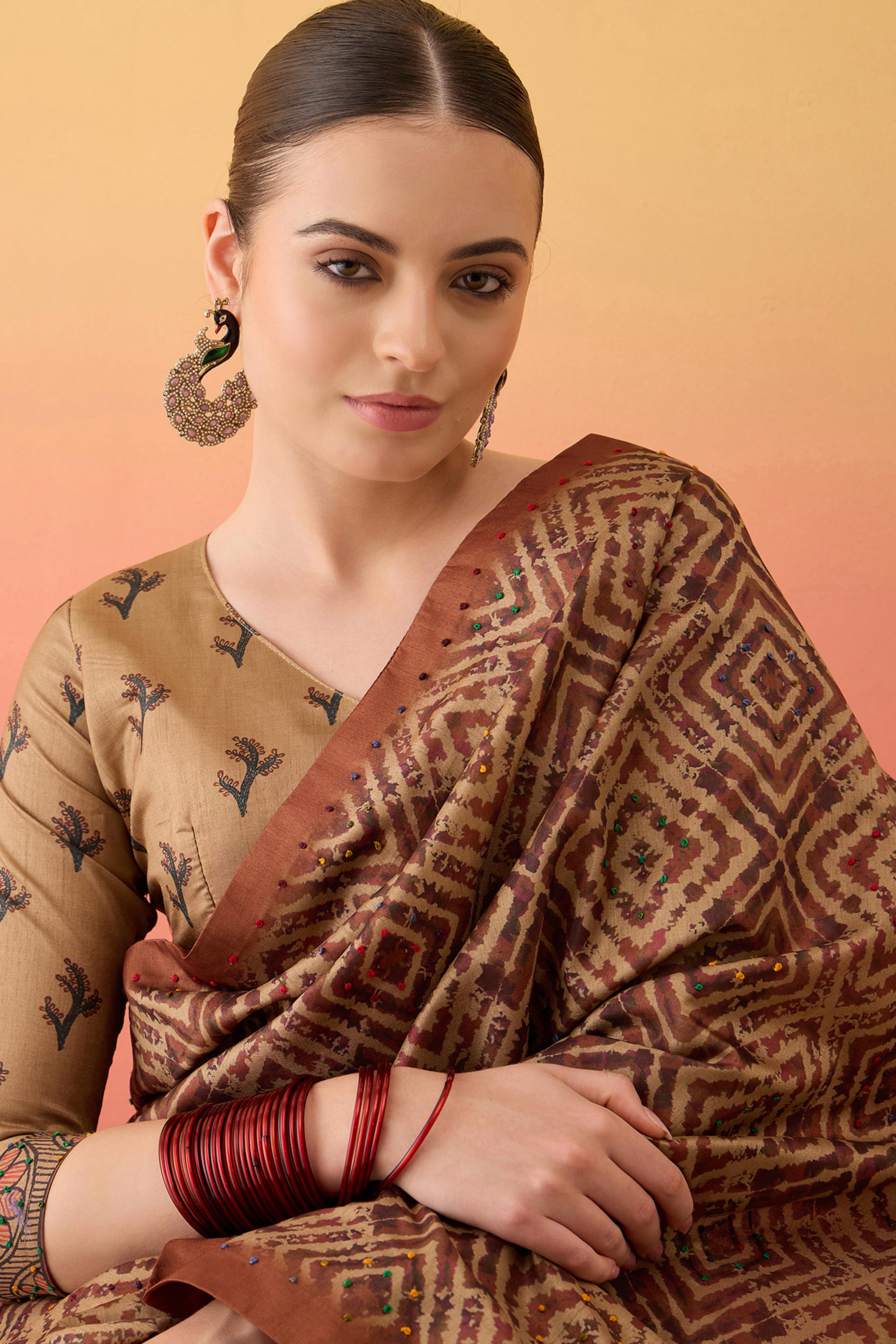 Beige Cotton Silk Saree Traditional Kalamkari Style Print Knot Work Ethnic Elegance