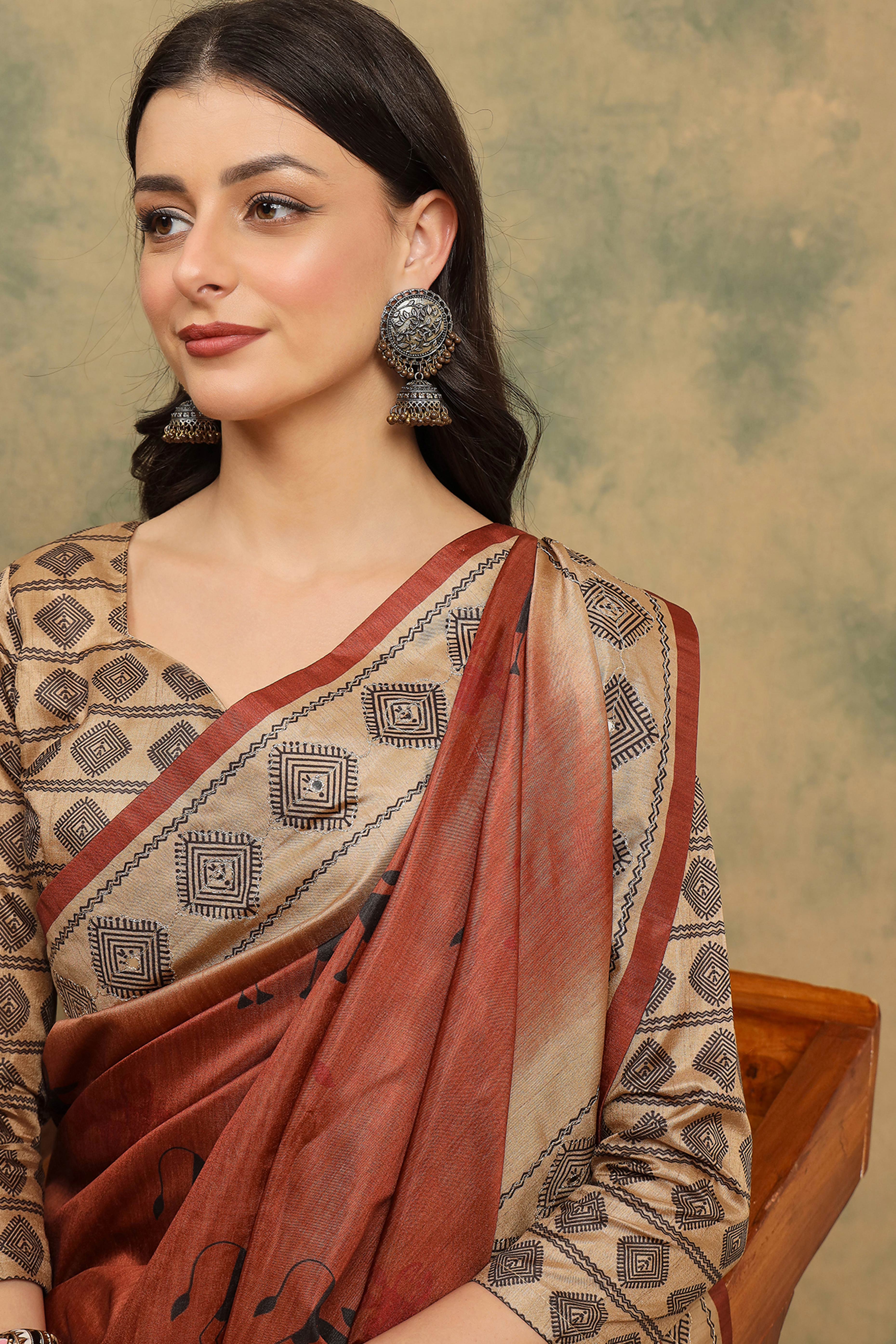 Rust Warli Folk Art Printed Cotton Silk Saree Flowy Drape Festive Wear