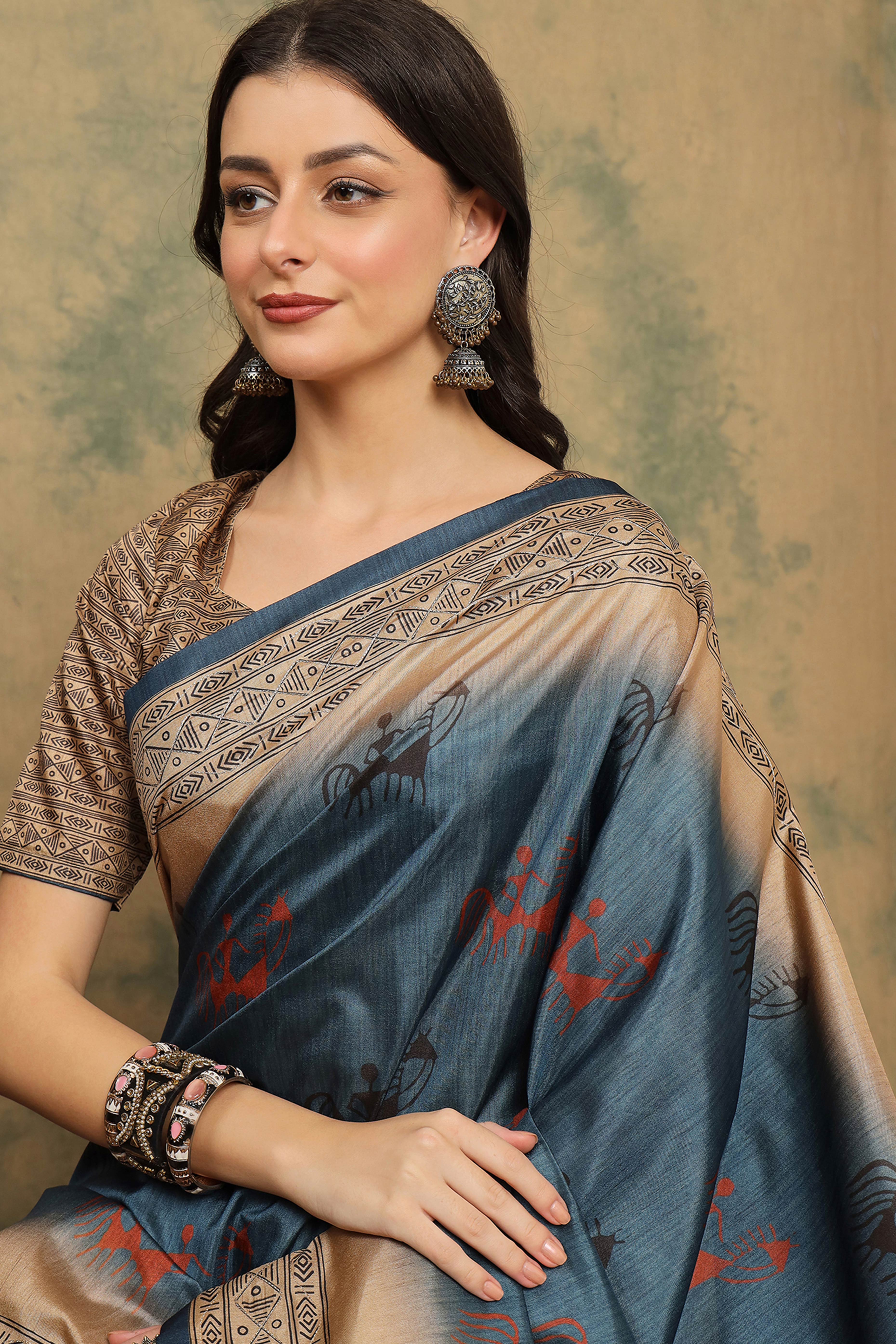 Blue Warli Folk Art Printed Cotton Silk Saree Flowy Drape Festive Wear