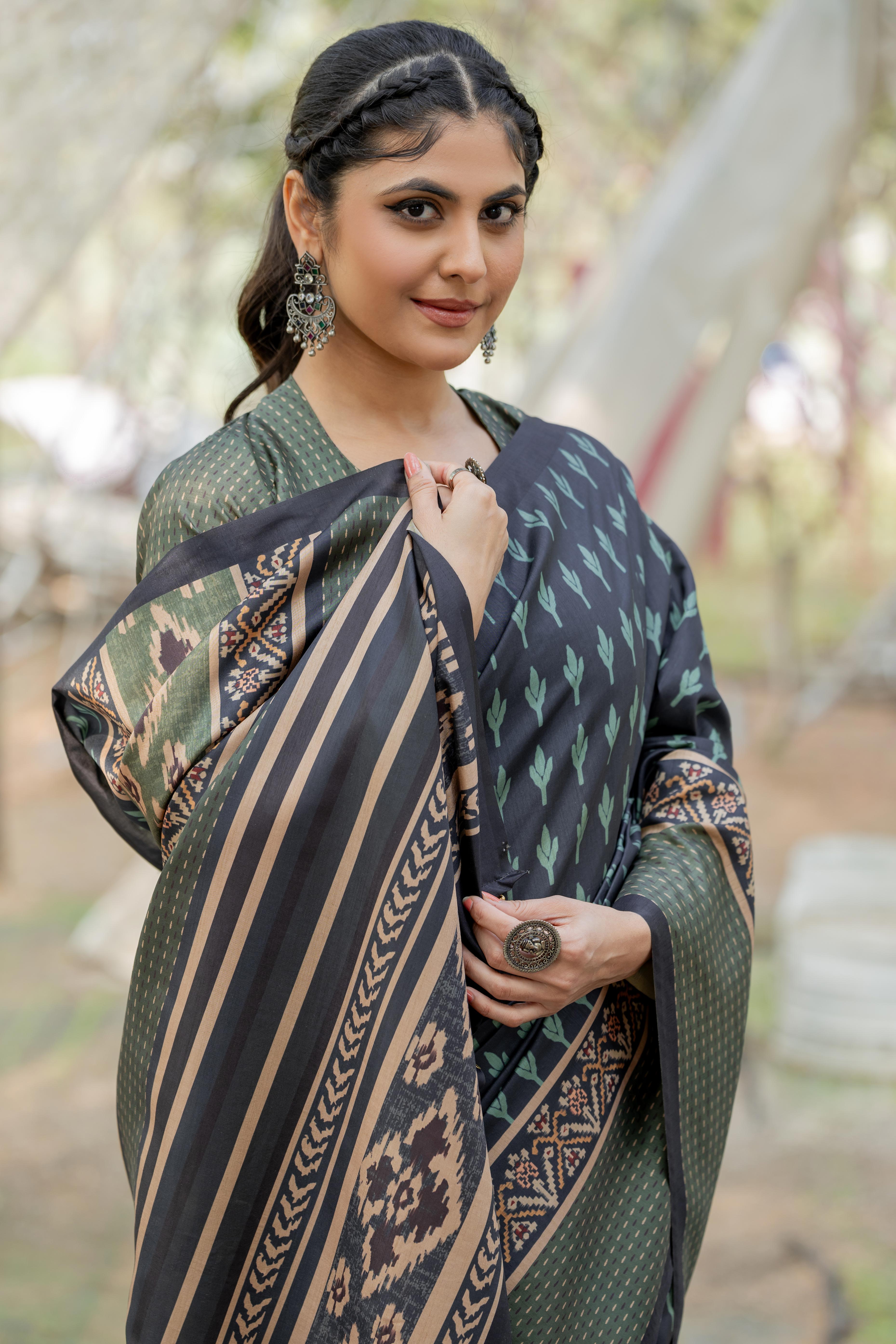 Navy Blue Kozi Cotton Silk Saree Showcasing Digital Prints and Soft Tassel Edging