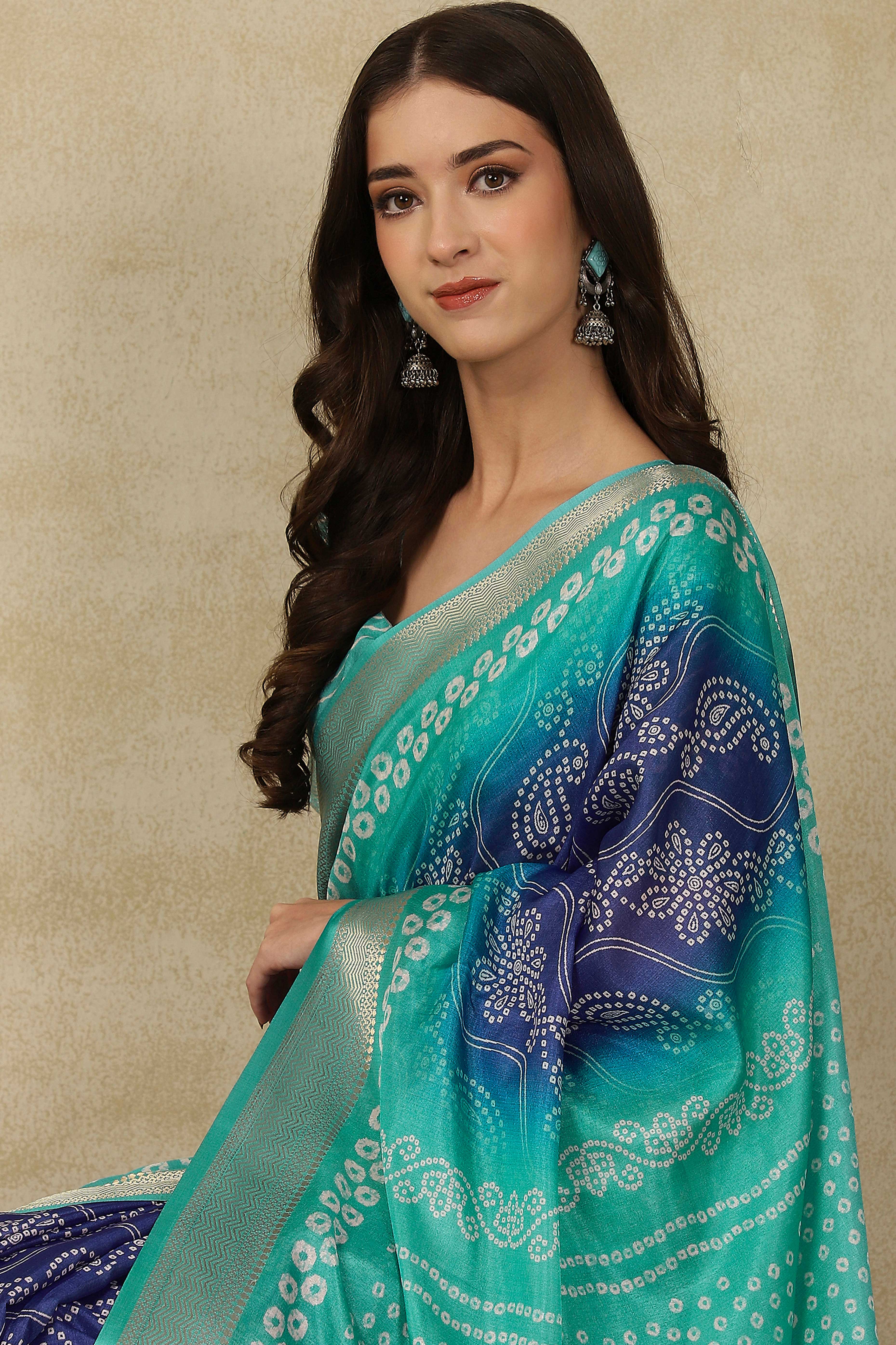 Luxury Blue & Turquoise Bandhani Print Cotton Silk Saree Featuring Weaving Border & Tassel Pallu