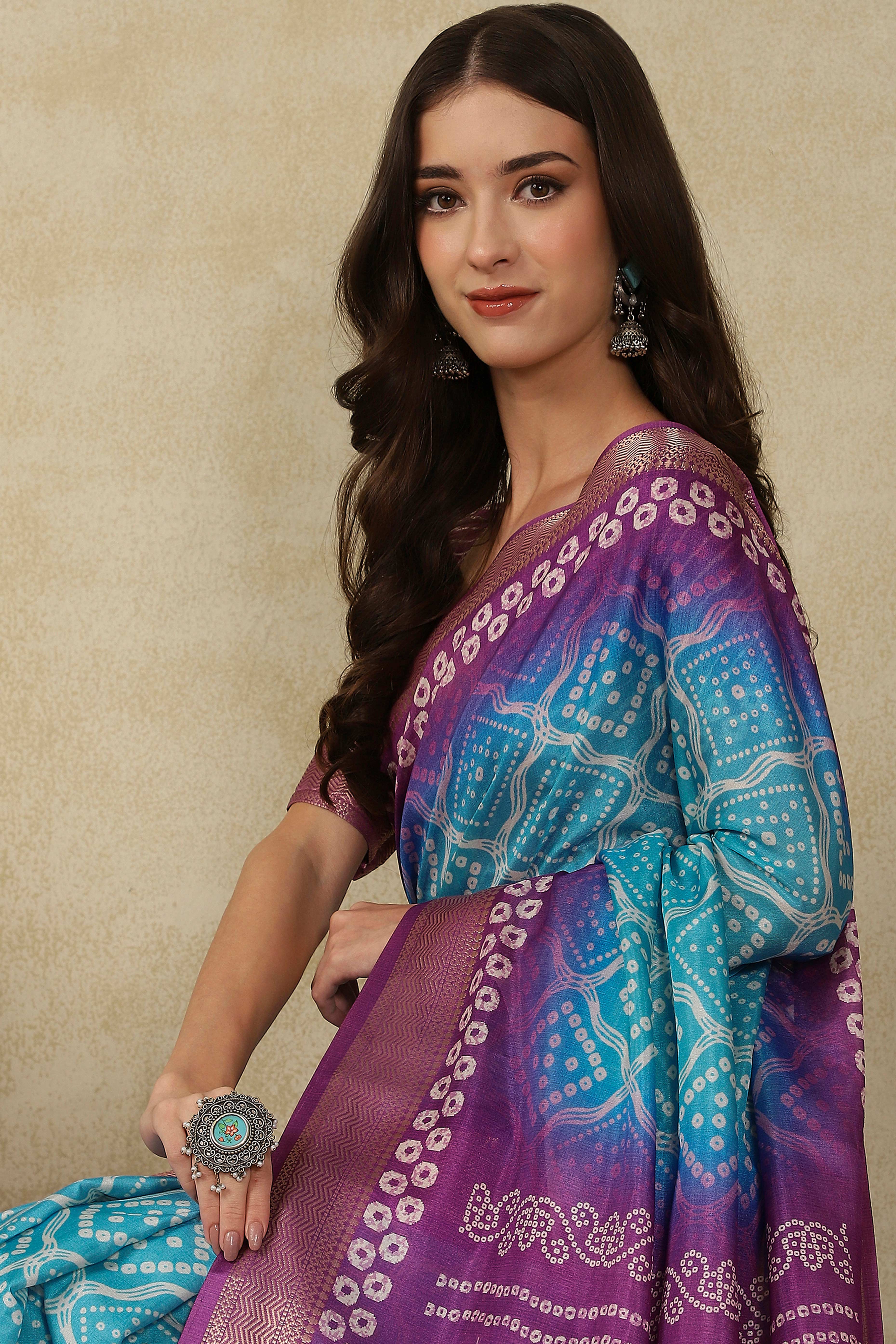 Luxury Blue & Purple Bandhani Print Cotton Silk Saree Featuring Weaving Border & Tassel Pallu