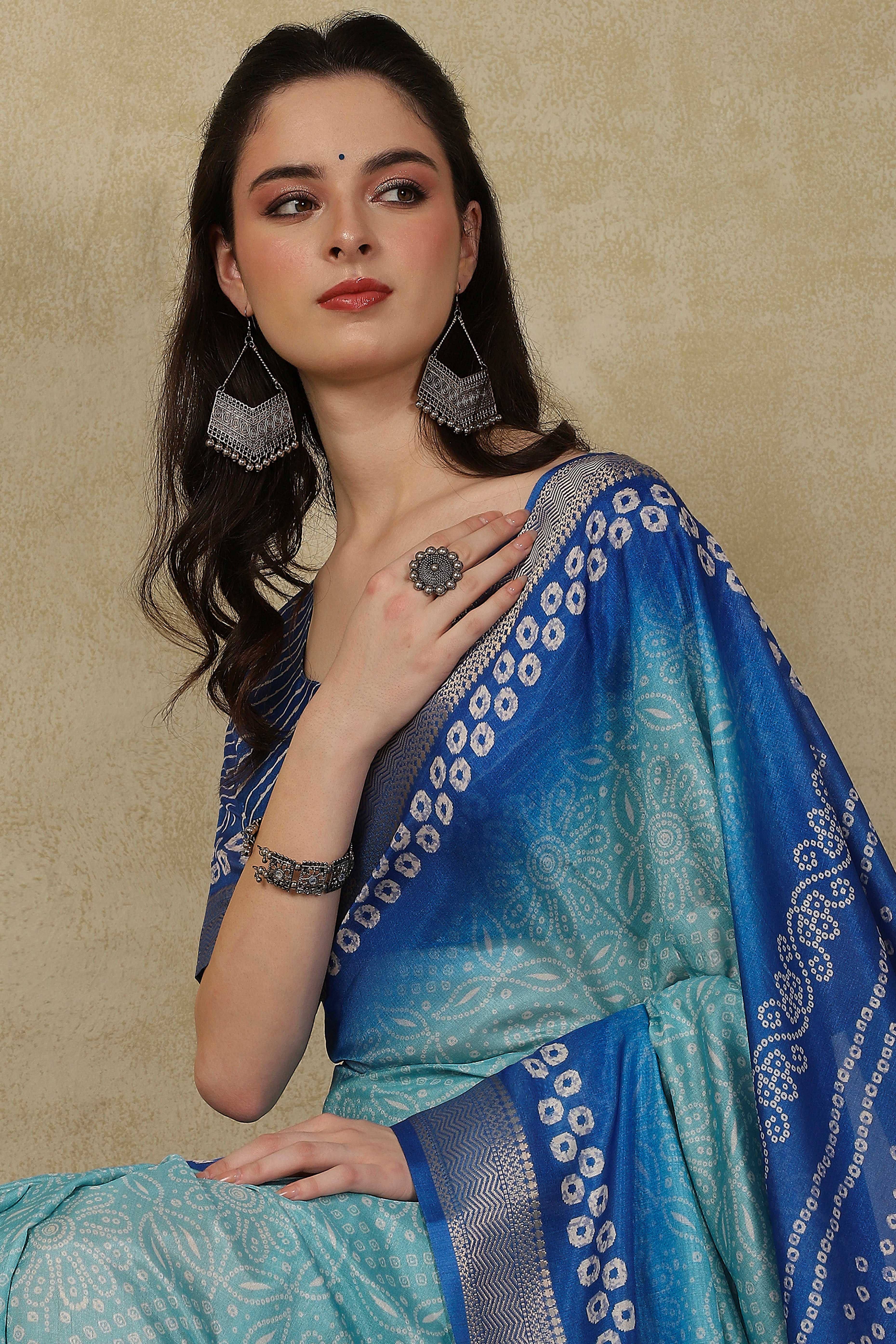 Luxury Blue Bandhani Print Cotton Silk Saree Featuring Weaving Border & Tassel Pallu
