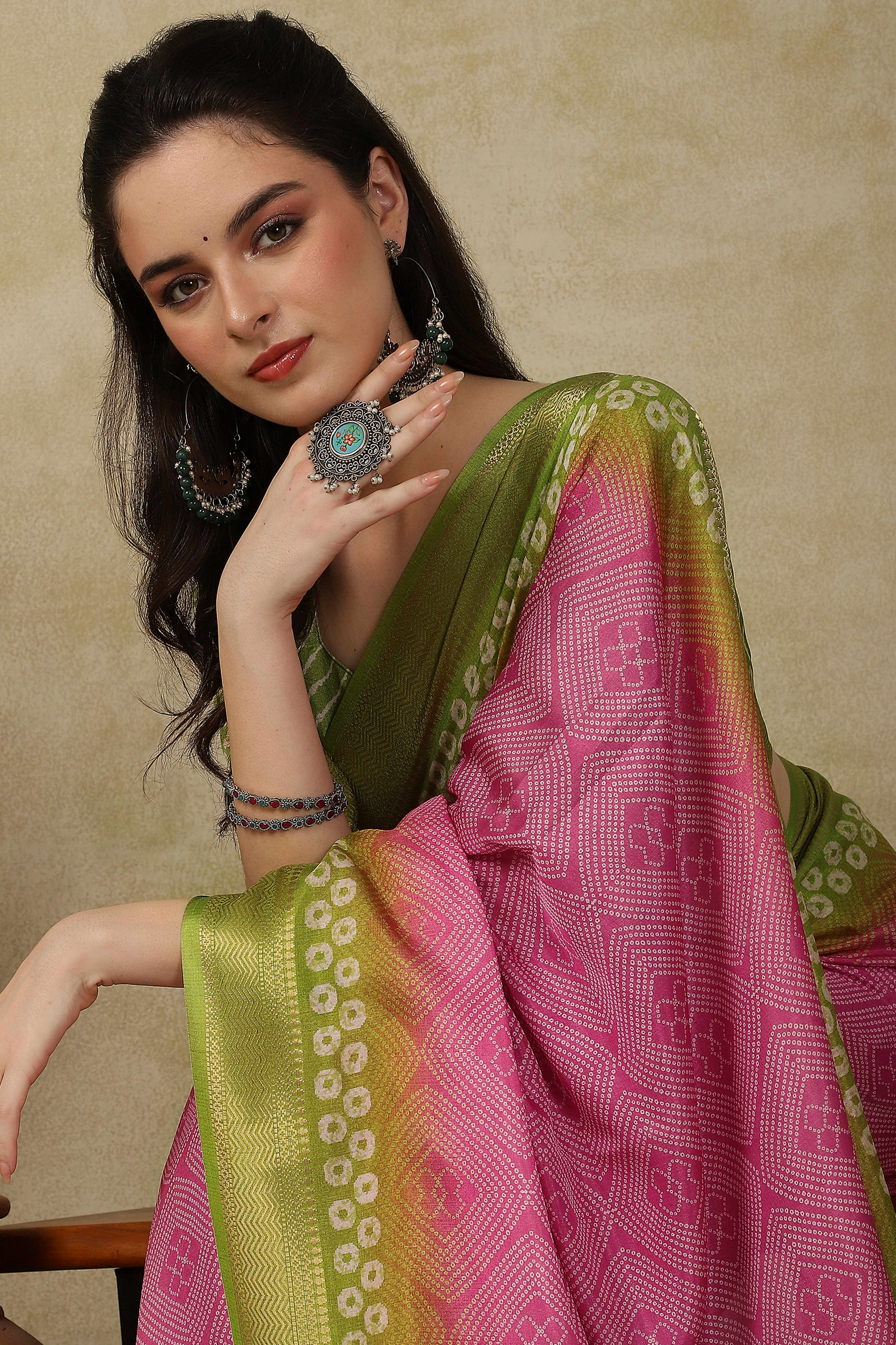 Luxury Pink & Green Bandhani Print Cotton Silk Saree Featuring Weaving Border & Tassel Pallu
