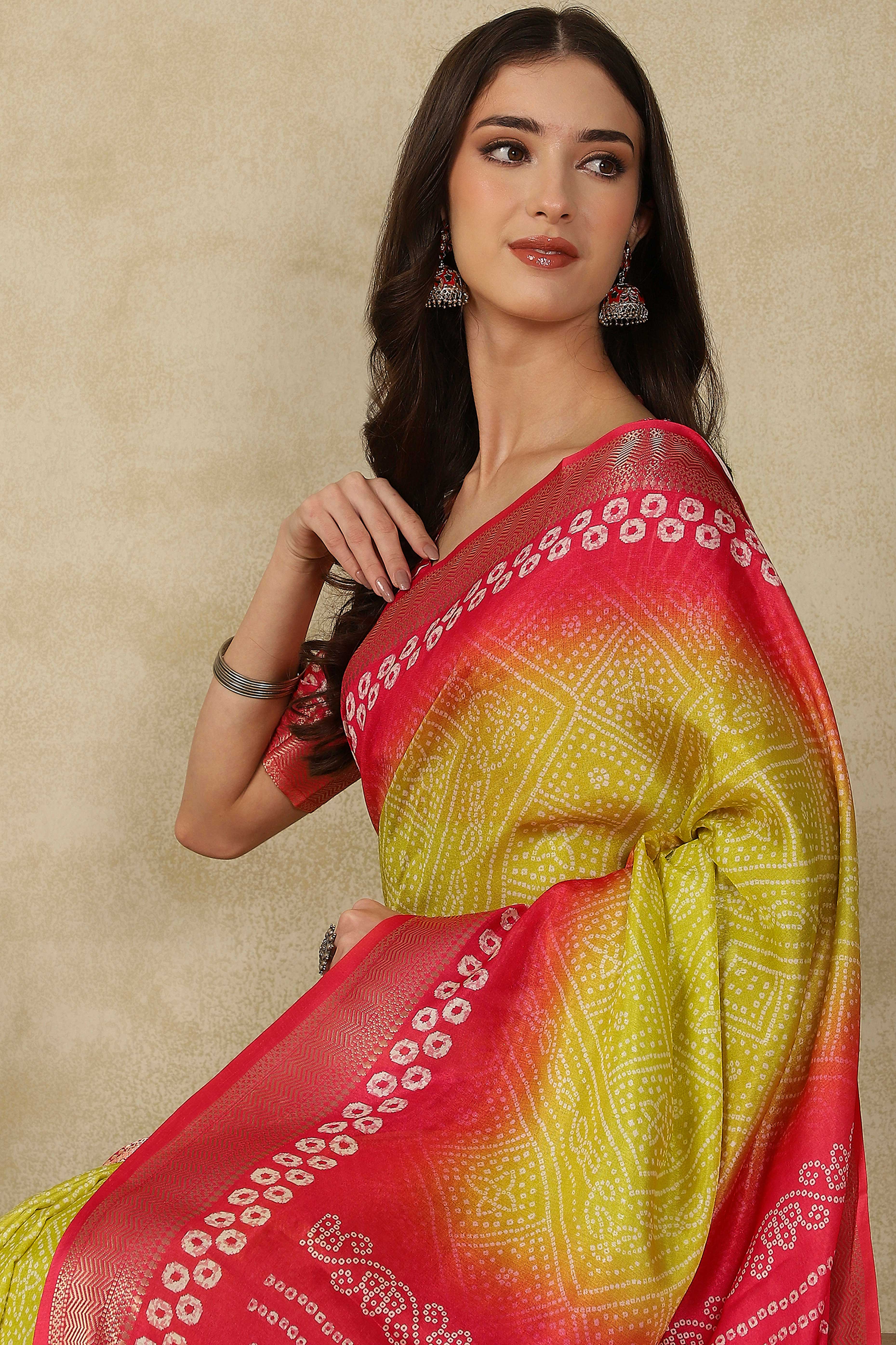 Luxury Lemon Yellow & Red Bandhani Print Cotton Silk Saree Featuring Weaving Border & Tassel Pallu