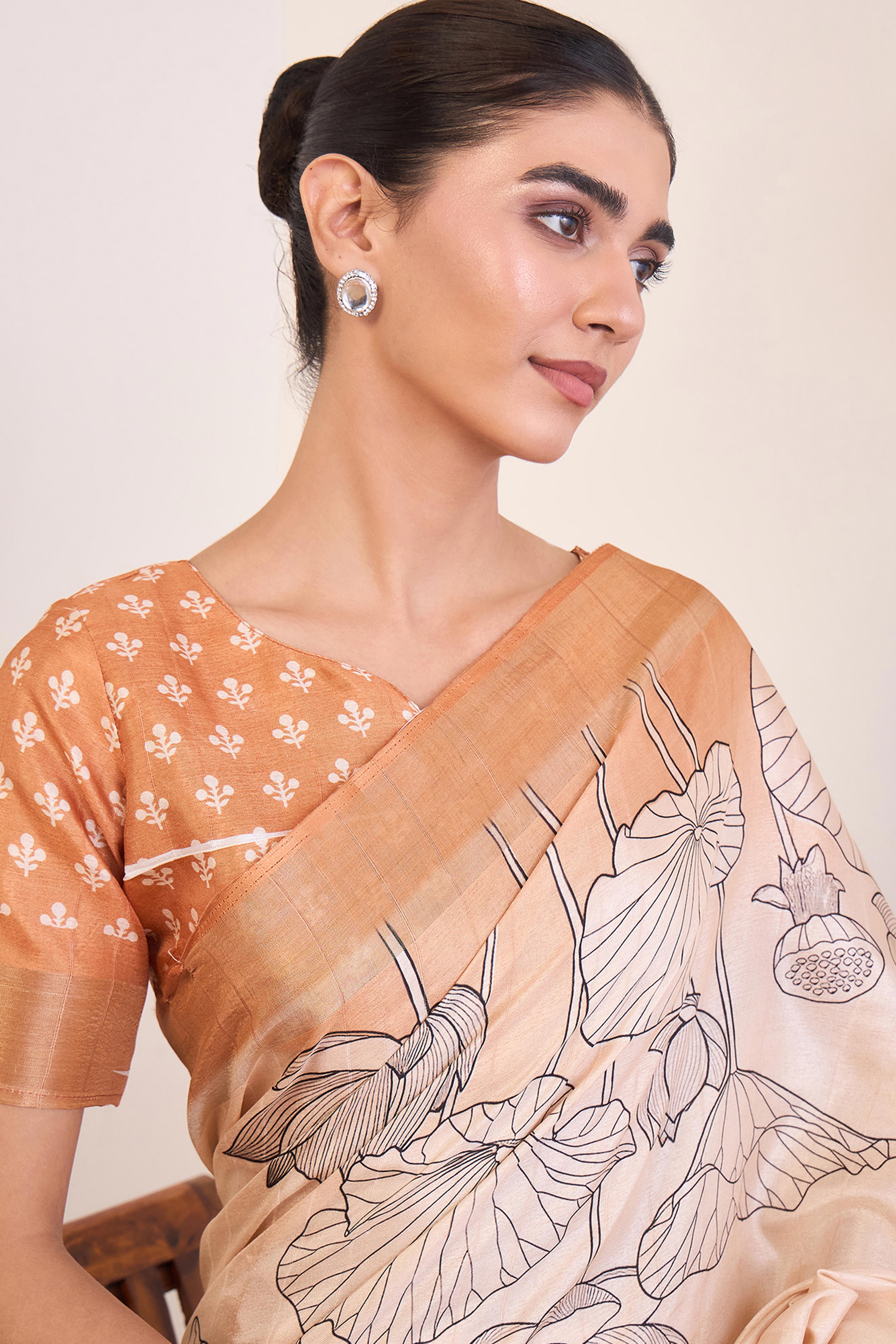 Elegant Light Peach Floral Printed Kotha Cotton Silk Saree Reflecting Subtle Sophistication
