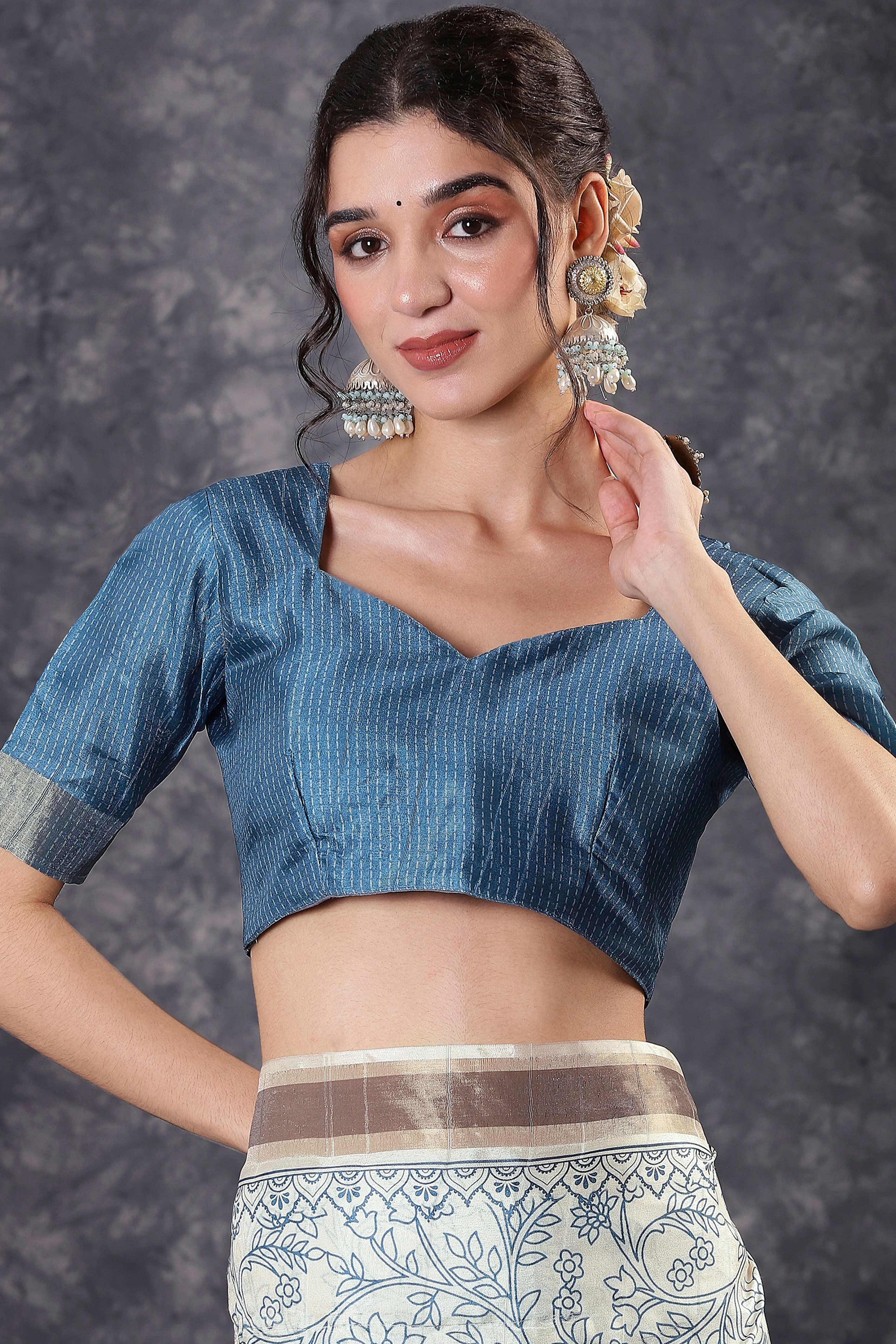 Offwhite & Blue Floral Printed Kotha Cotton Silk Saree With Beautifully Crafted Katha Embroidery