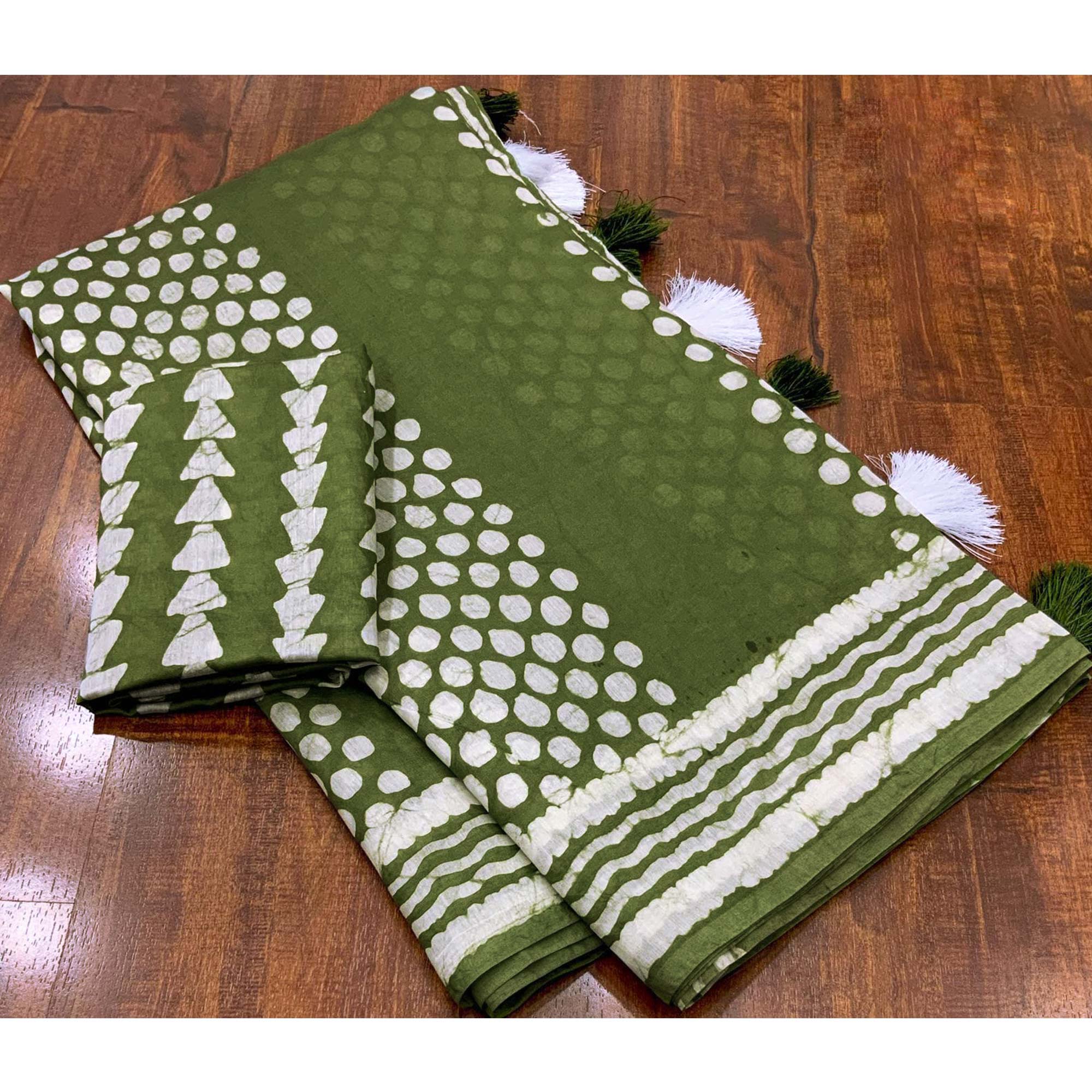 Green Printed Chanderi Saree With Tassels