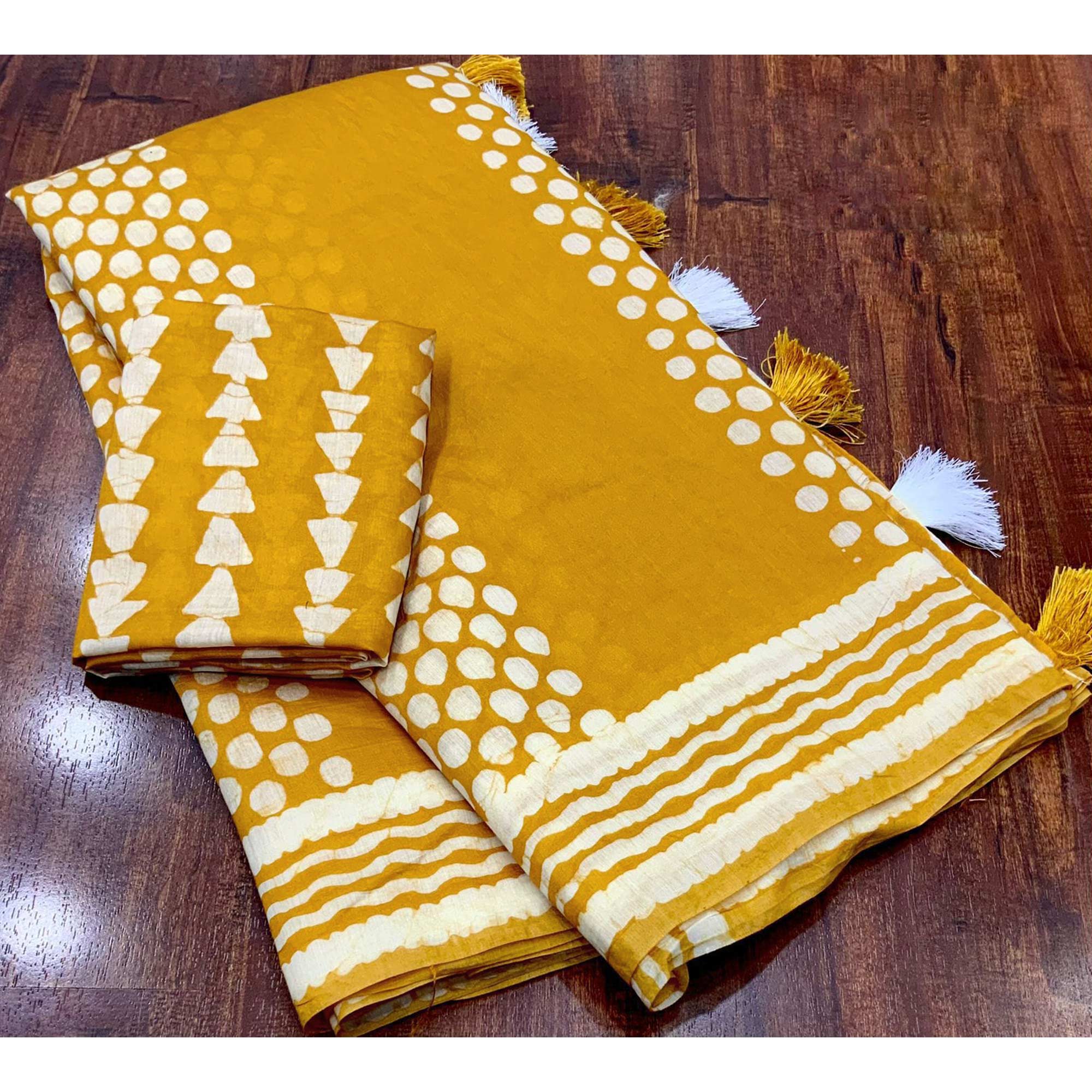 Mustard Printed Chanderi Saree With Tassels