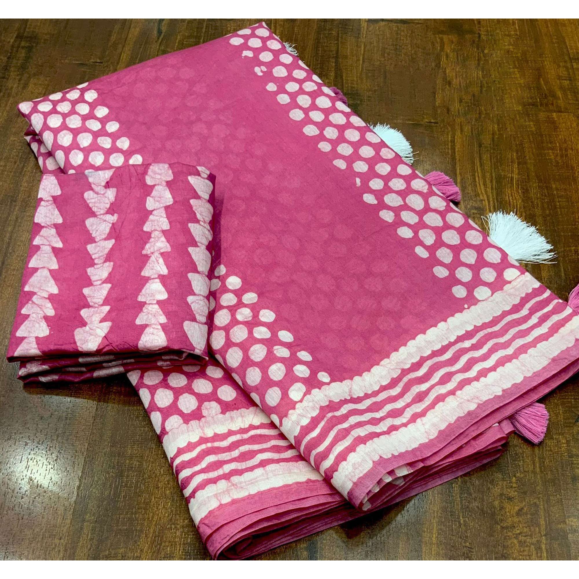 Pink Printed Chanderi Saree With Tassels