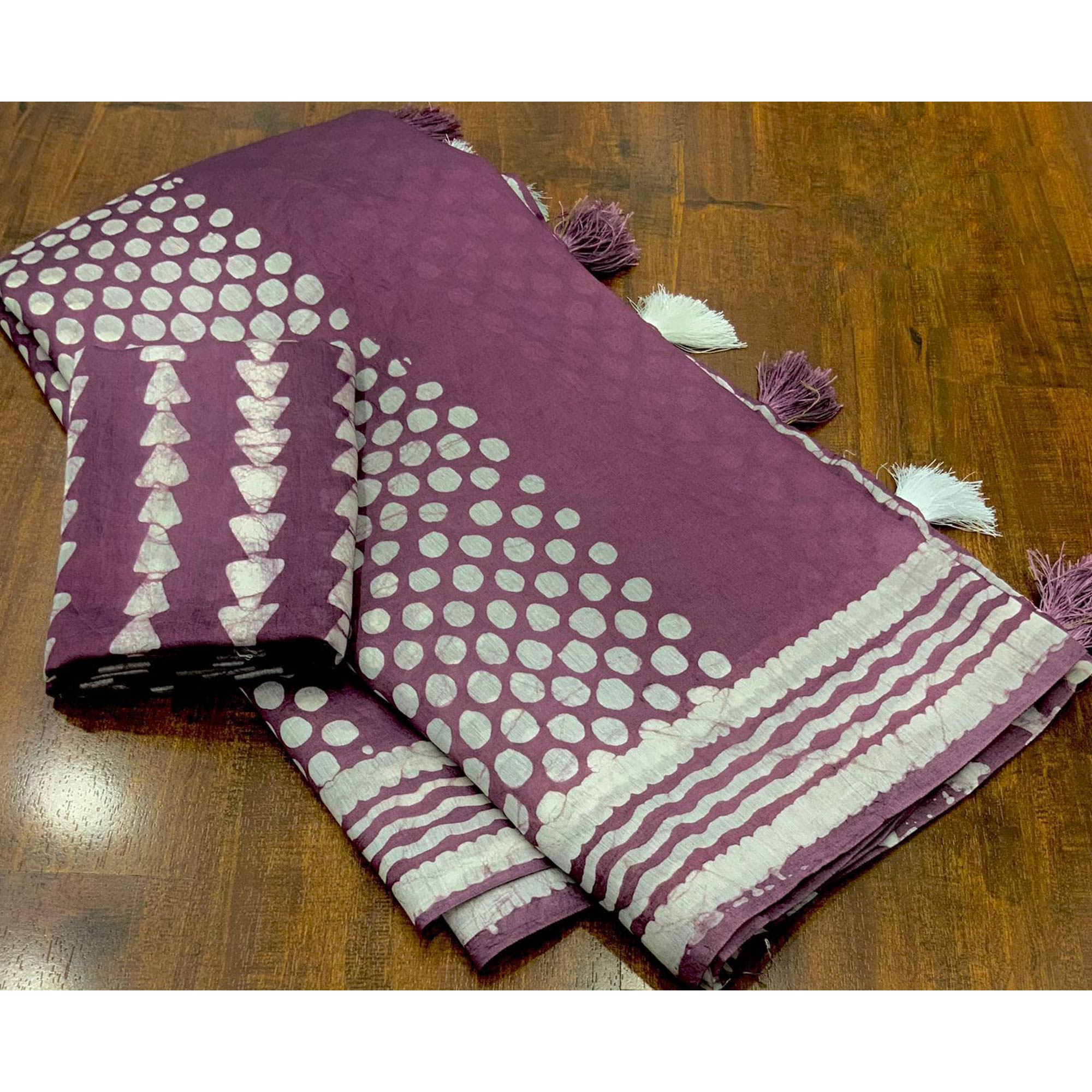 Purple Printed Chanderi Saree With Tassels