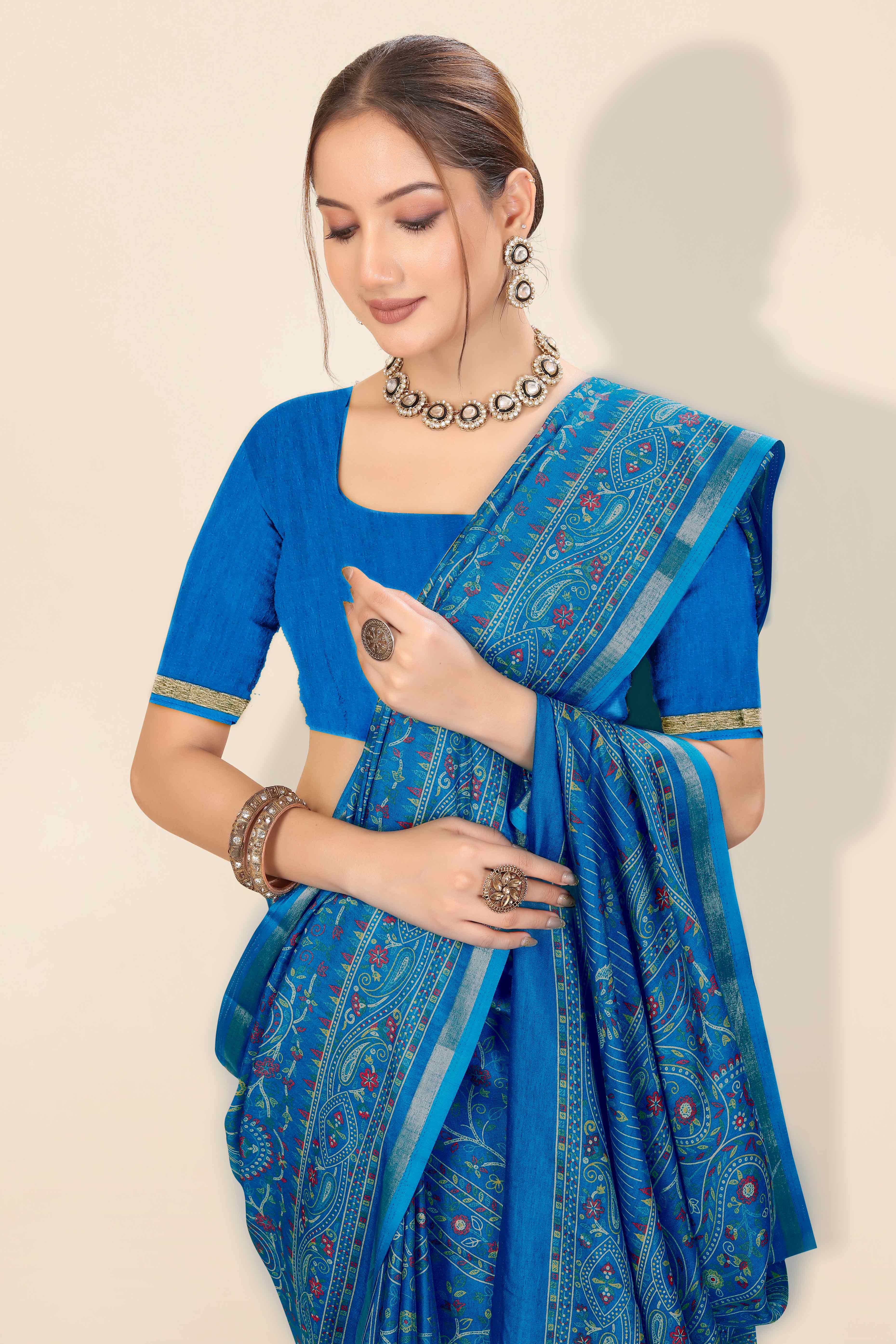 Blue Floral Printed Dola Kashmiri Dola Silk Saree Highlighted With Rich Golden Zari Border