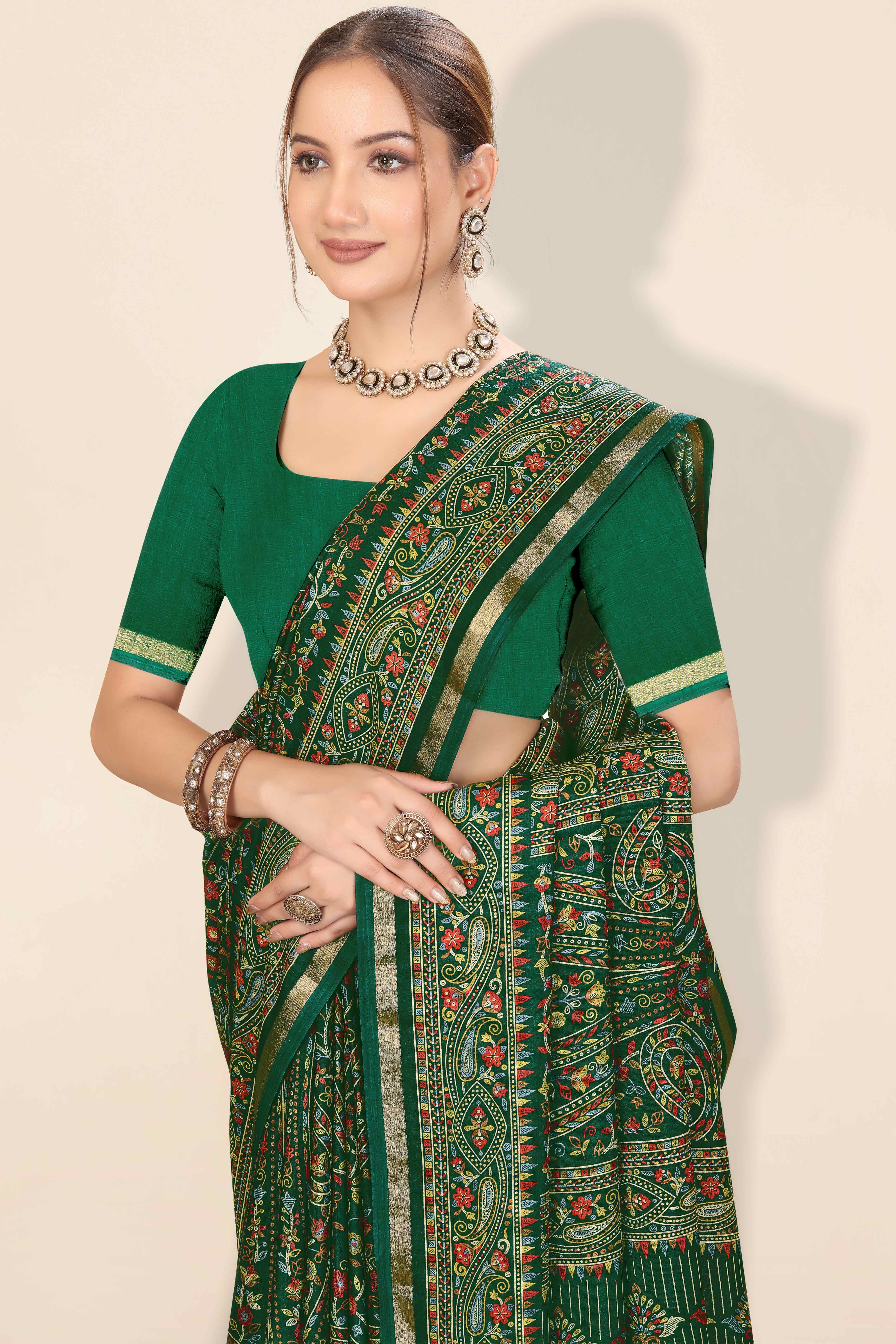 Green Floral Printed Dola Kashmiri Dola Silk Saree Highlighted With Rich Golden Zari Border