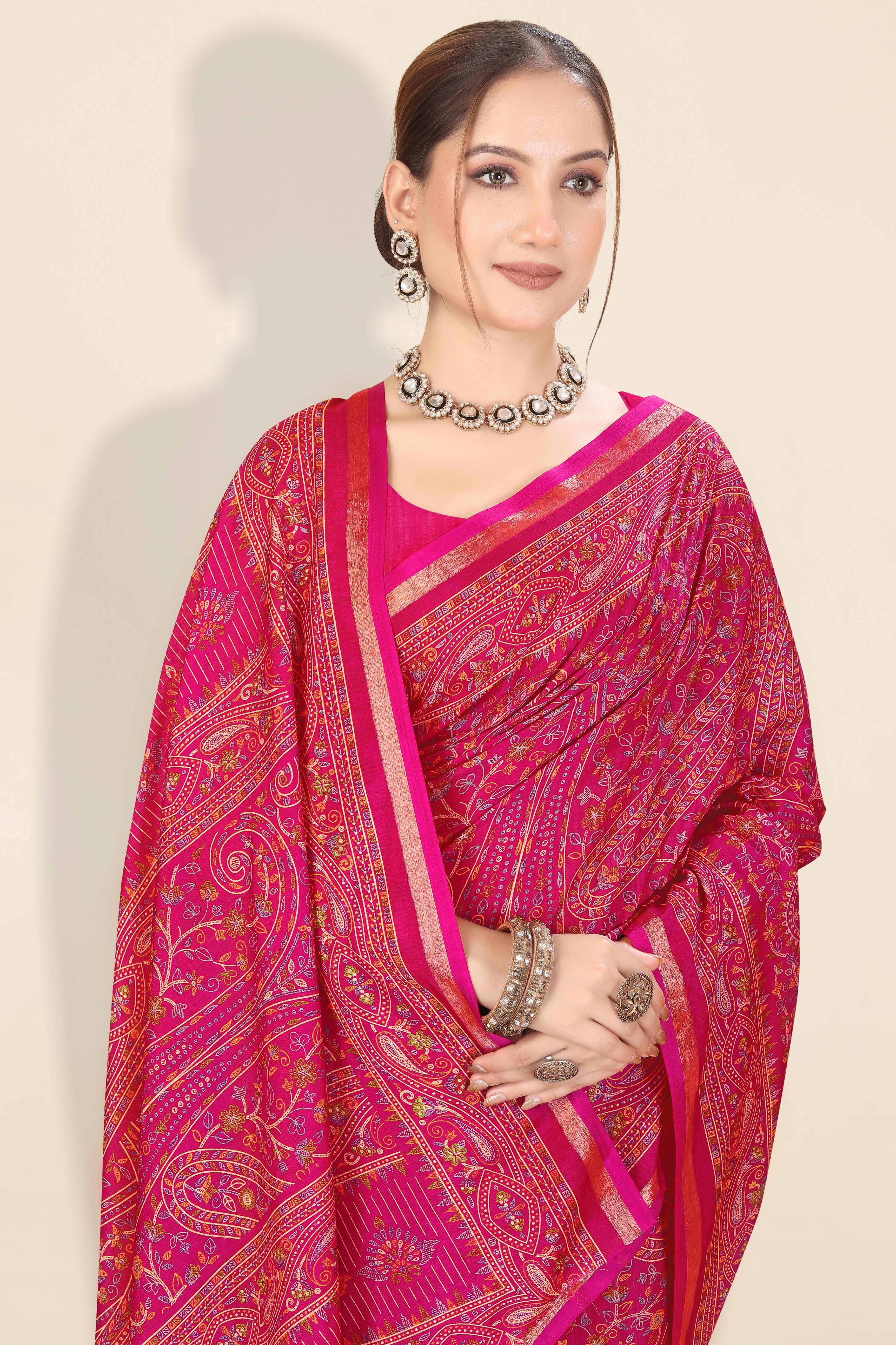 Pink Floral Printed Dola Kashmiri Dola Silk Saree Highlighted With Rich Golden Zari Border