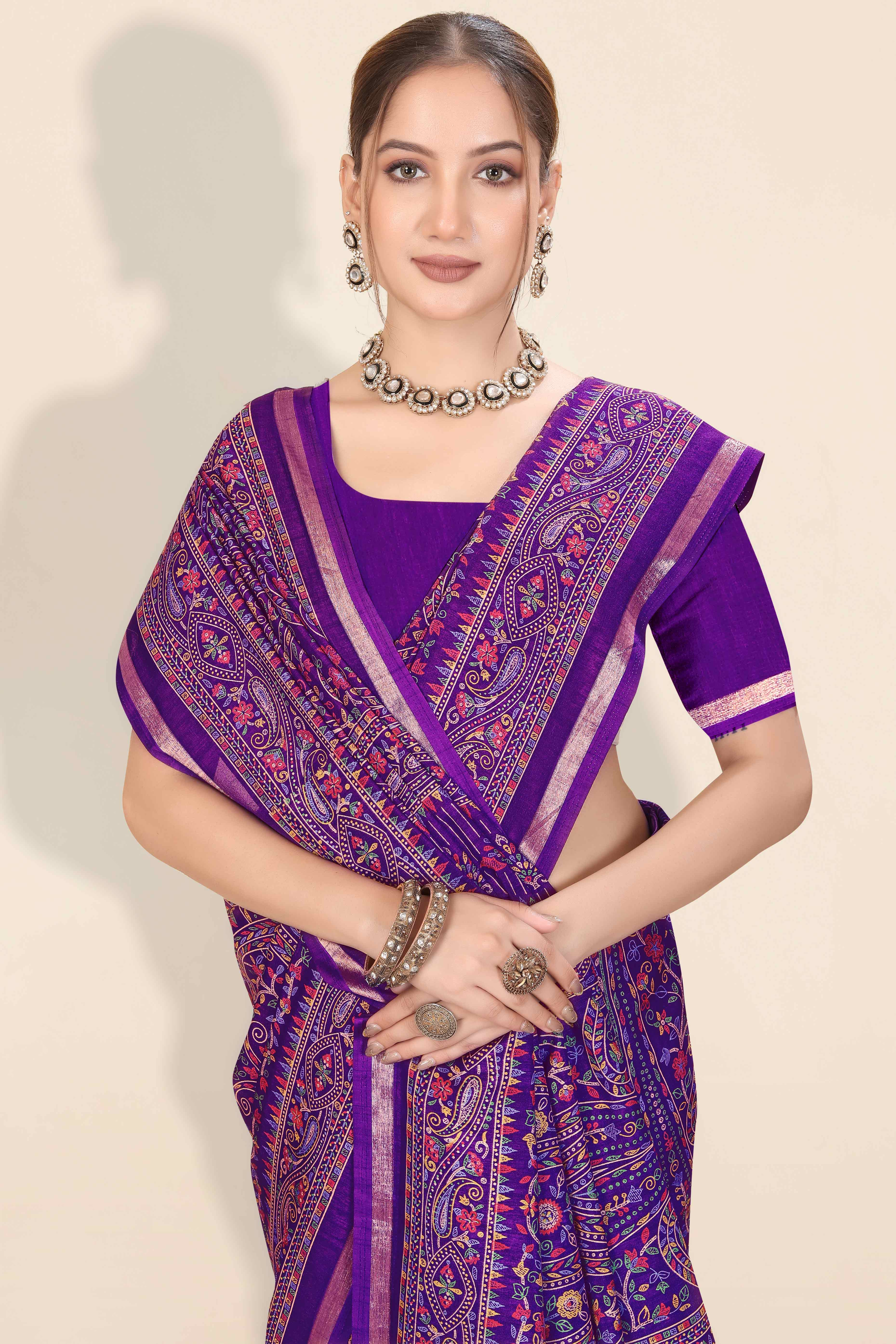 Purple Floral Printed Dola Kashmiri Dola Silk Saree Highlighted With Rich Golden Zari Border
