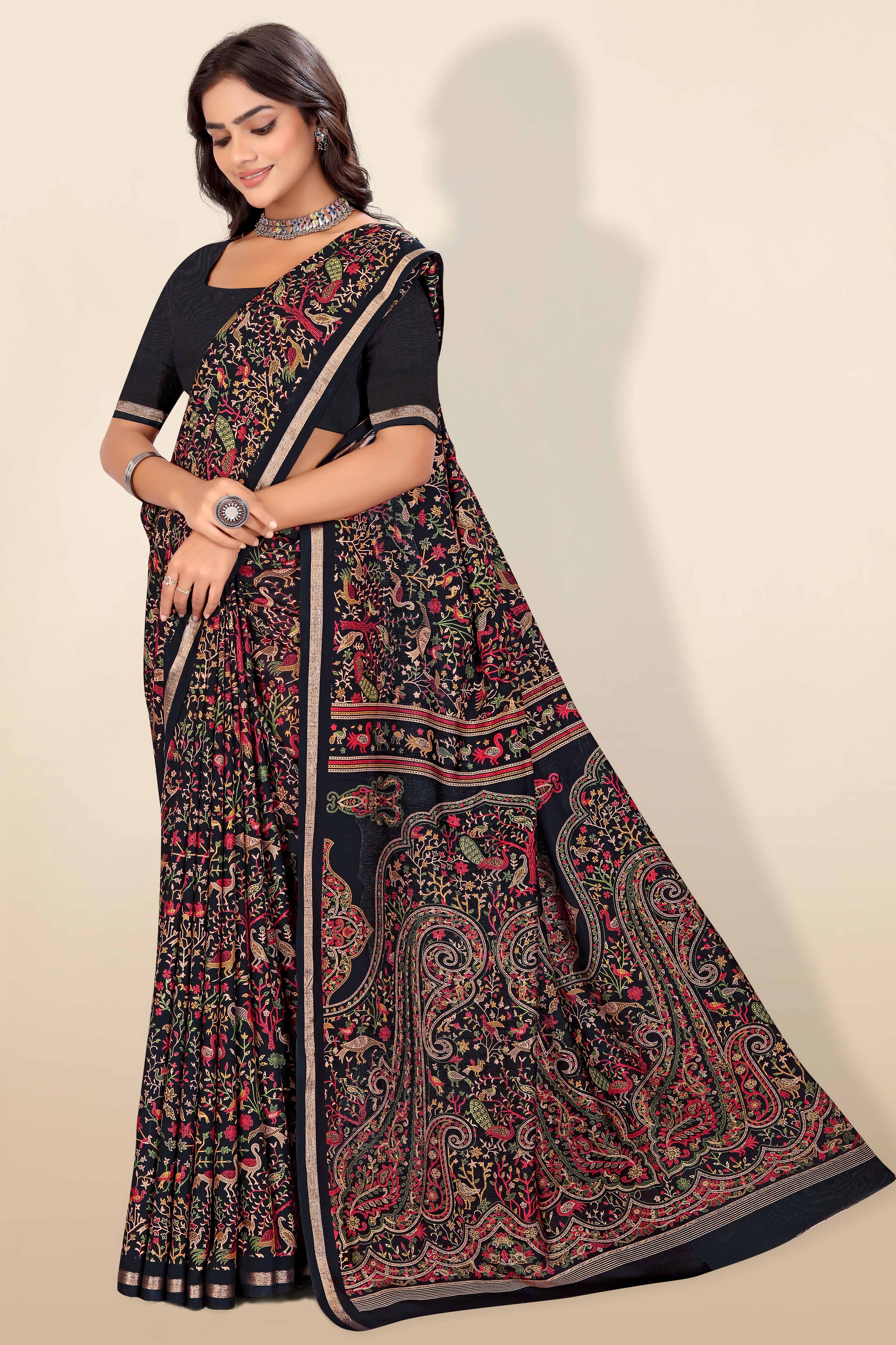 Black Tussar Silk Blend Saree with Intricate Floral & Bird Kashmiri Print & Elegant Zari Border