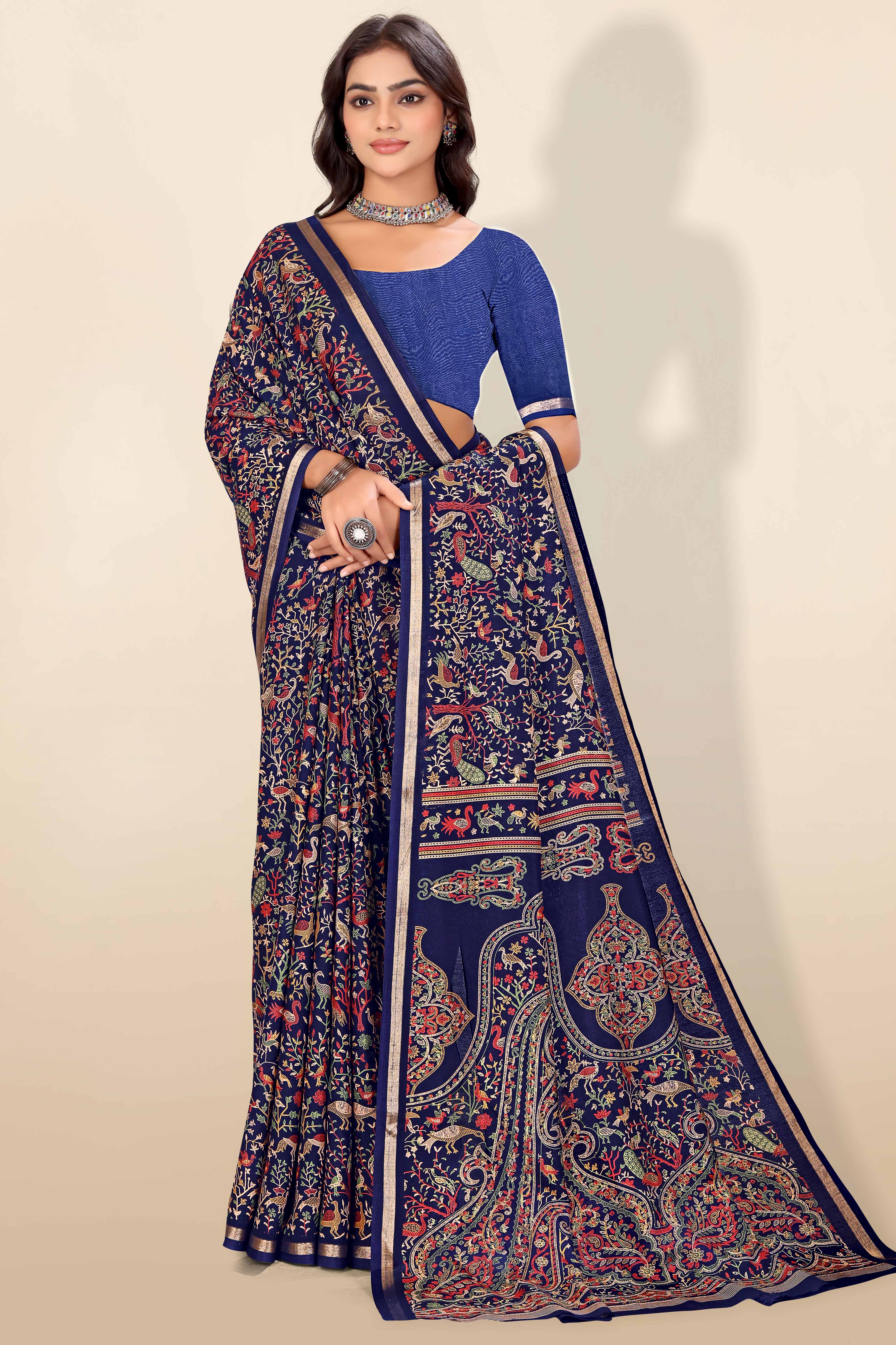 Navy Blue Tussar Silk Blend Saree with Intricate Floral & Bird Kashmiri Print & Elegant Zari Border