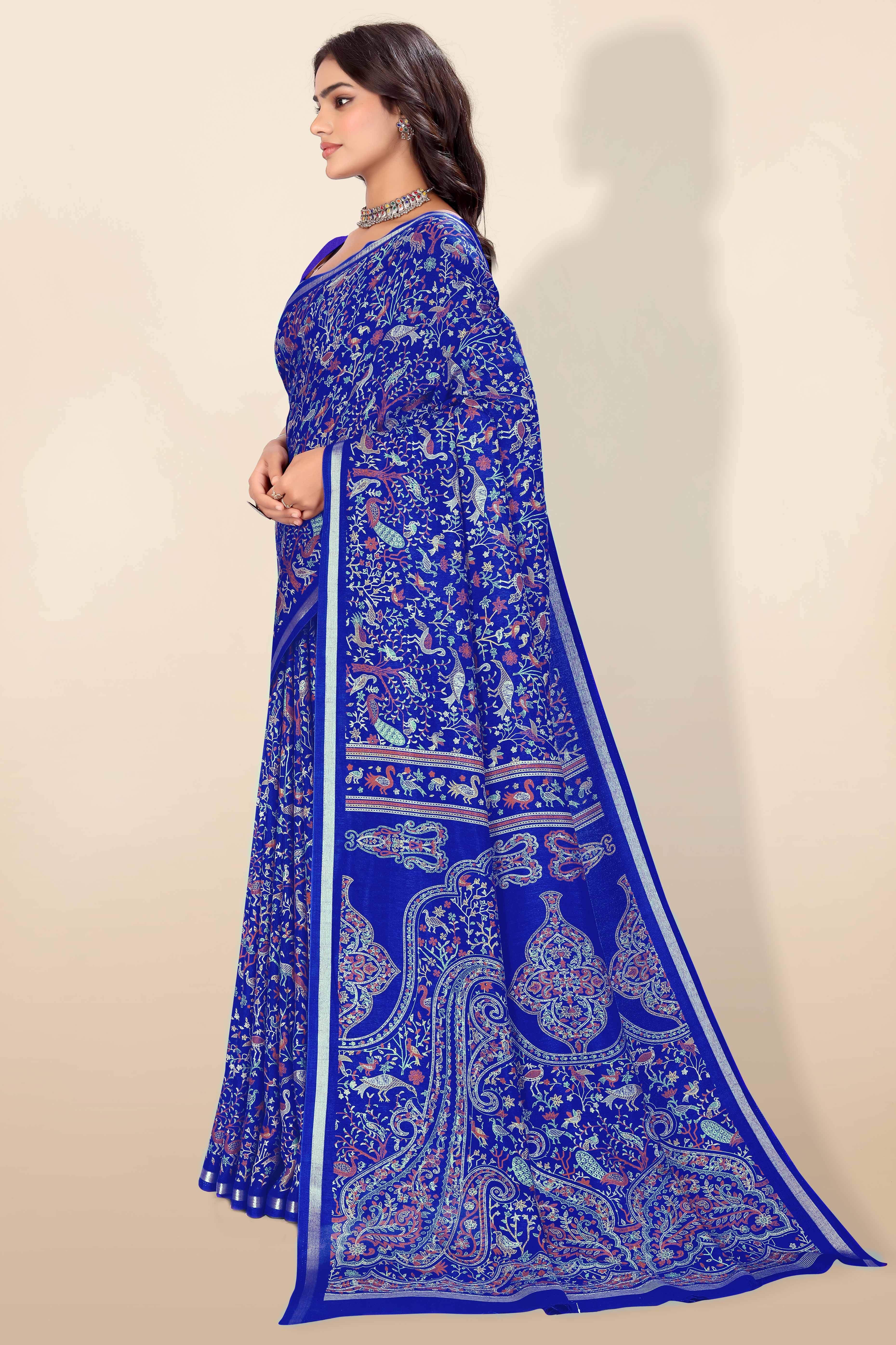Royal Blue Tussar Silk Blend Saree with Intricate Floral & Bird Kashmiri Print & Zari Border
