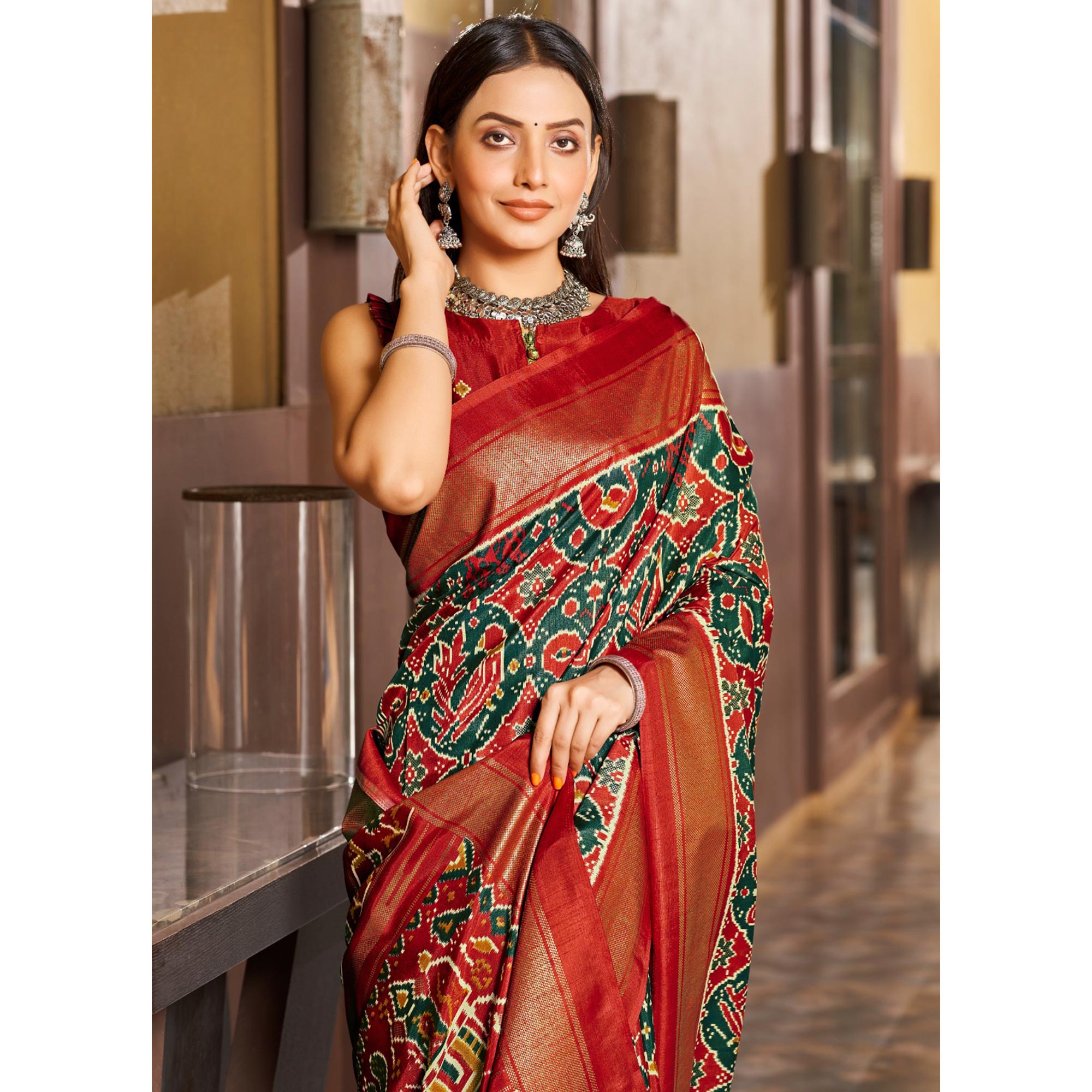 Green & Red Patola Printed Viscose Saree With Zari Border