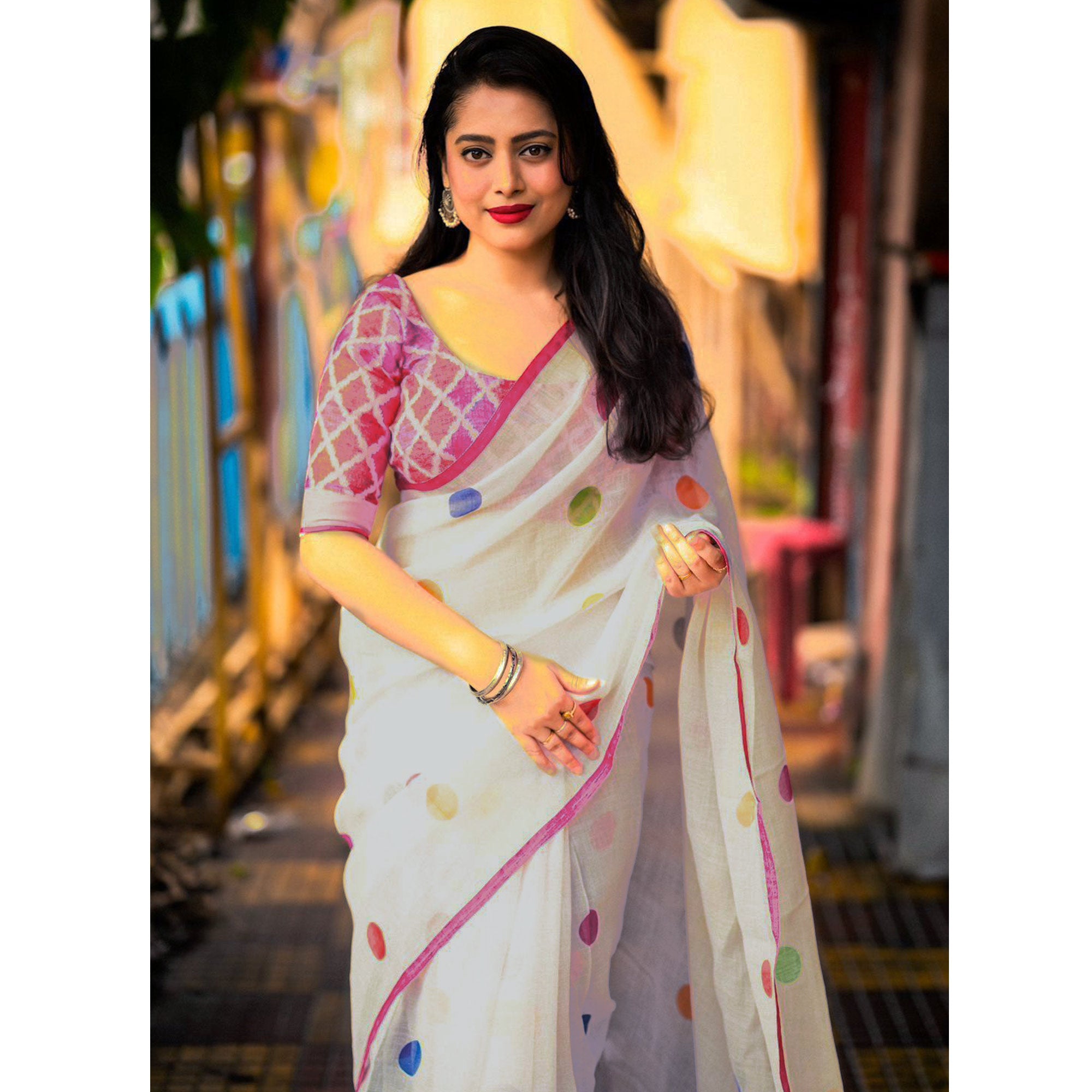 White Polka Dot Printed Linen Saree