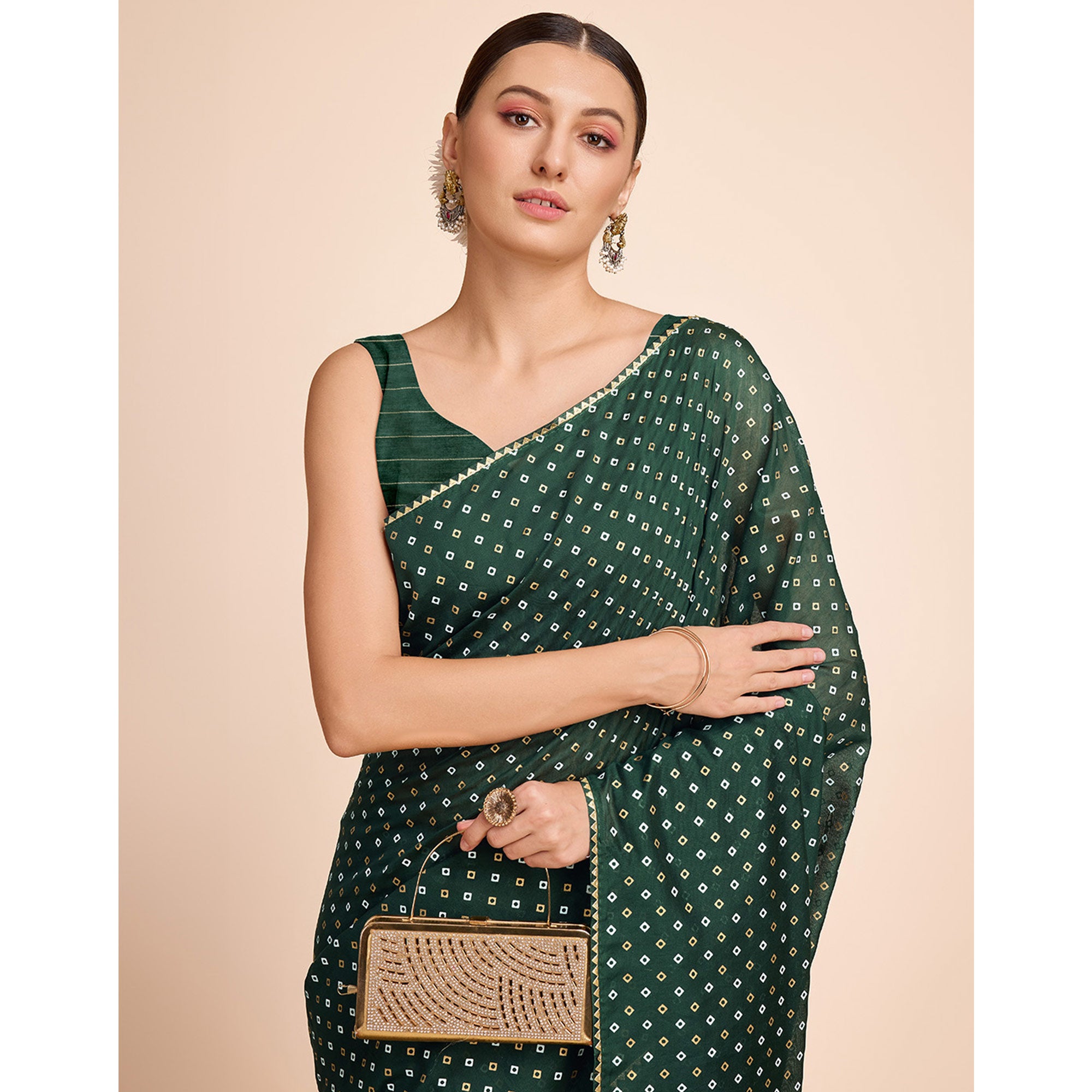 Green Bandhani Printed Cotton Silk Saree