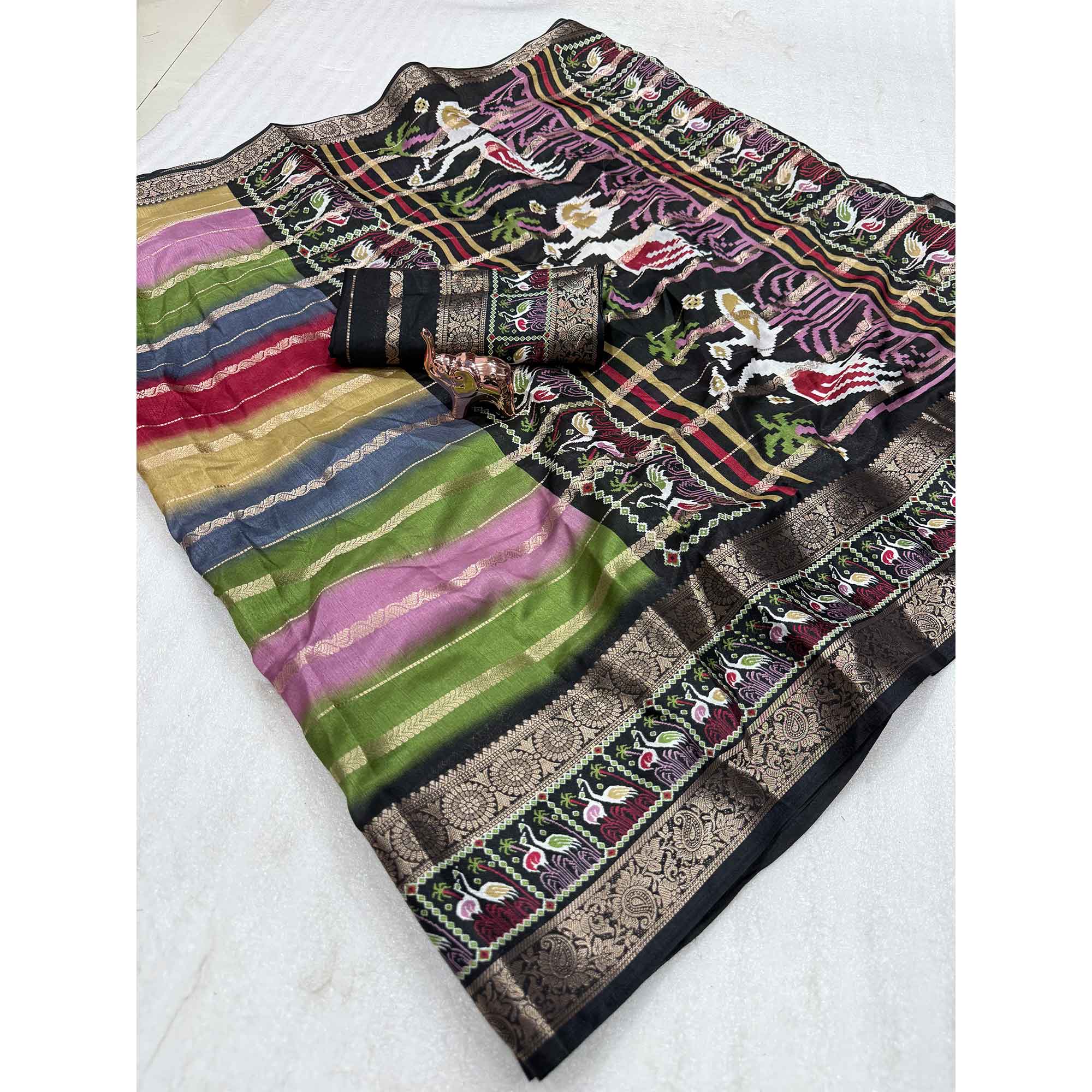 Luxury Multicolor Silk Jacquard Saree Adorned With Striped Zari Weaving and Printed Pallu