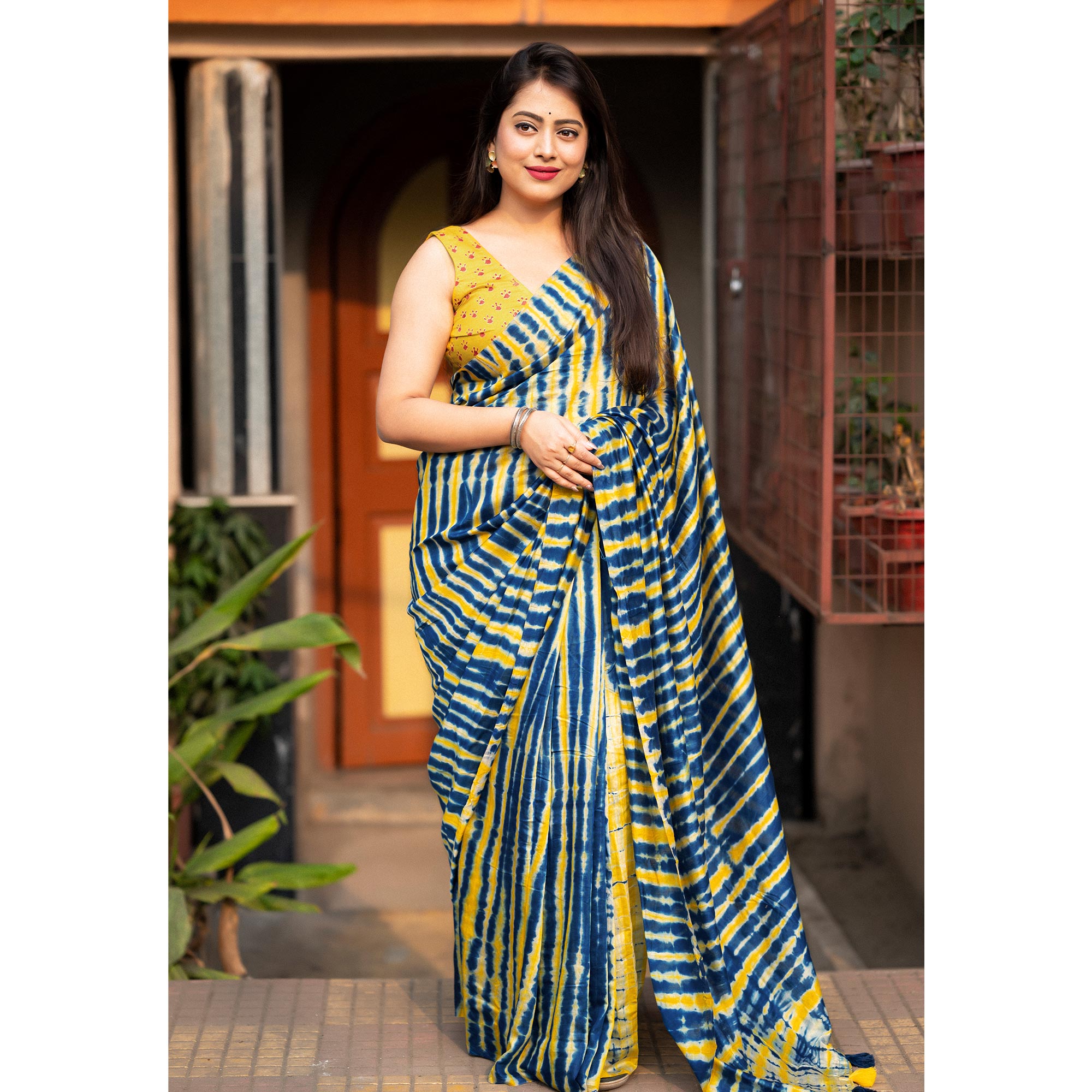 Blue & Yellow Shibori Printed Chanderi Saree