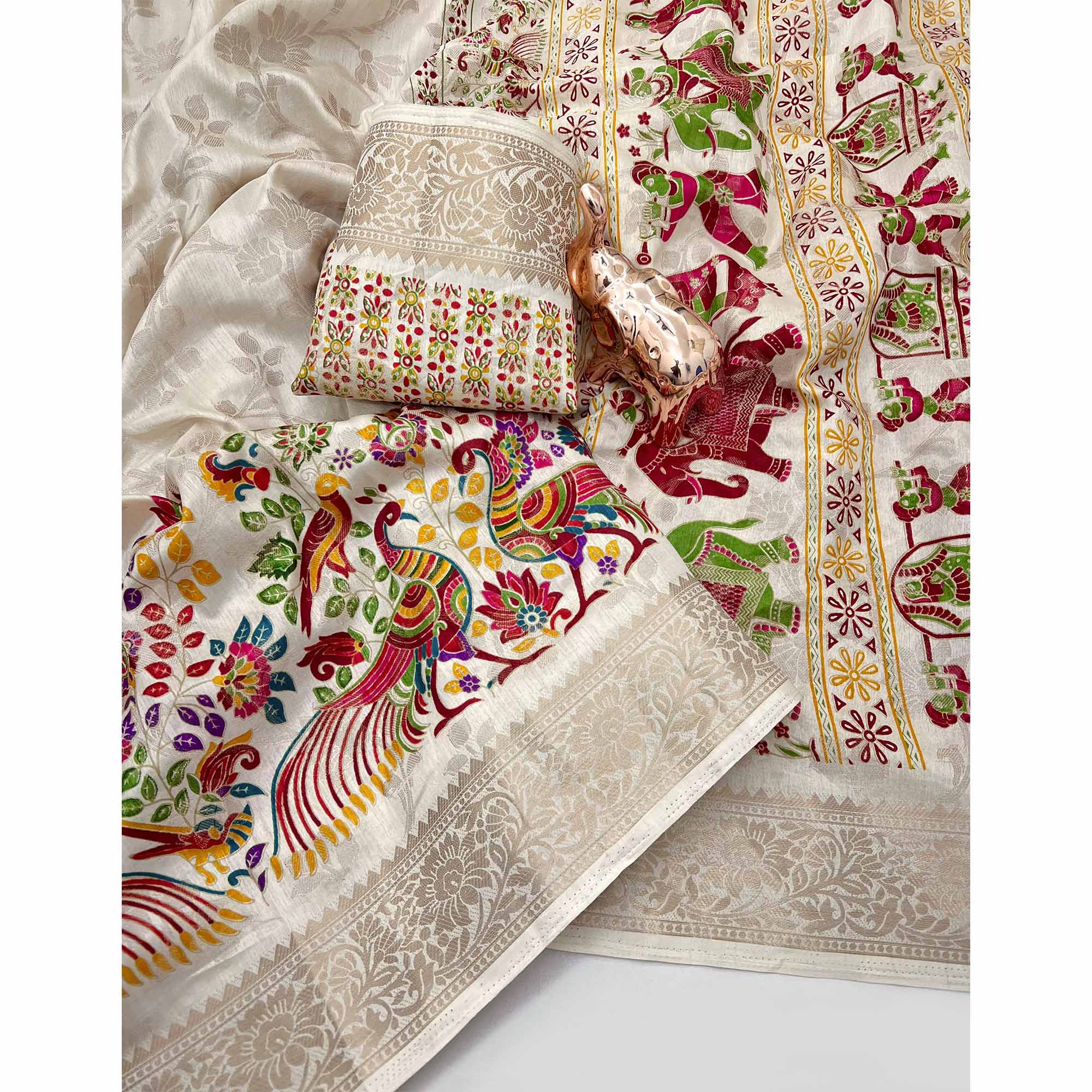 Cream Tussar Silk Jacquard Saree With Intricate Floral Zari Weaving & Tassel Border