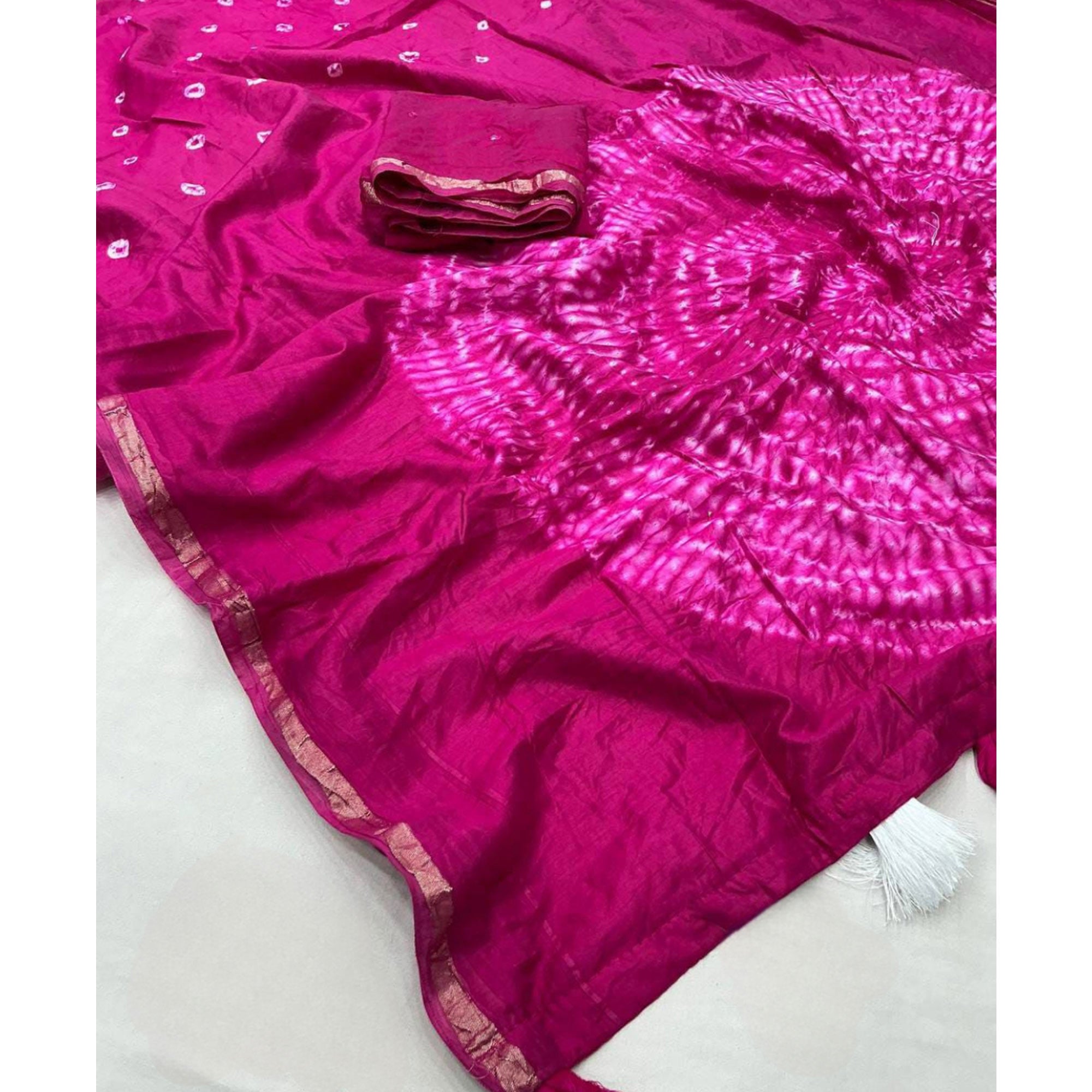 Rani Pink Bandhani Digital Printed Linen Cotton Saree