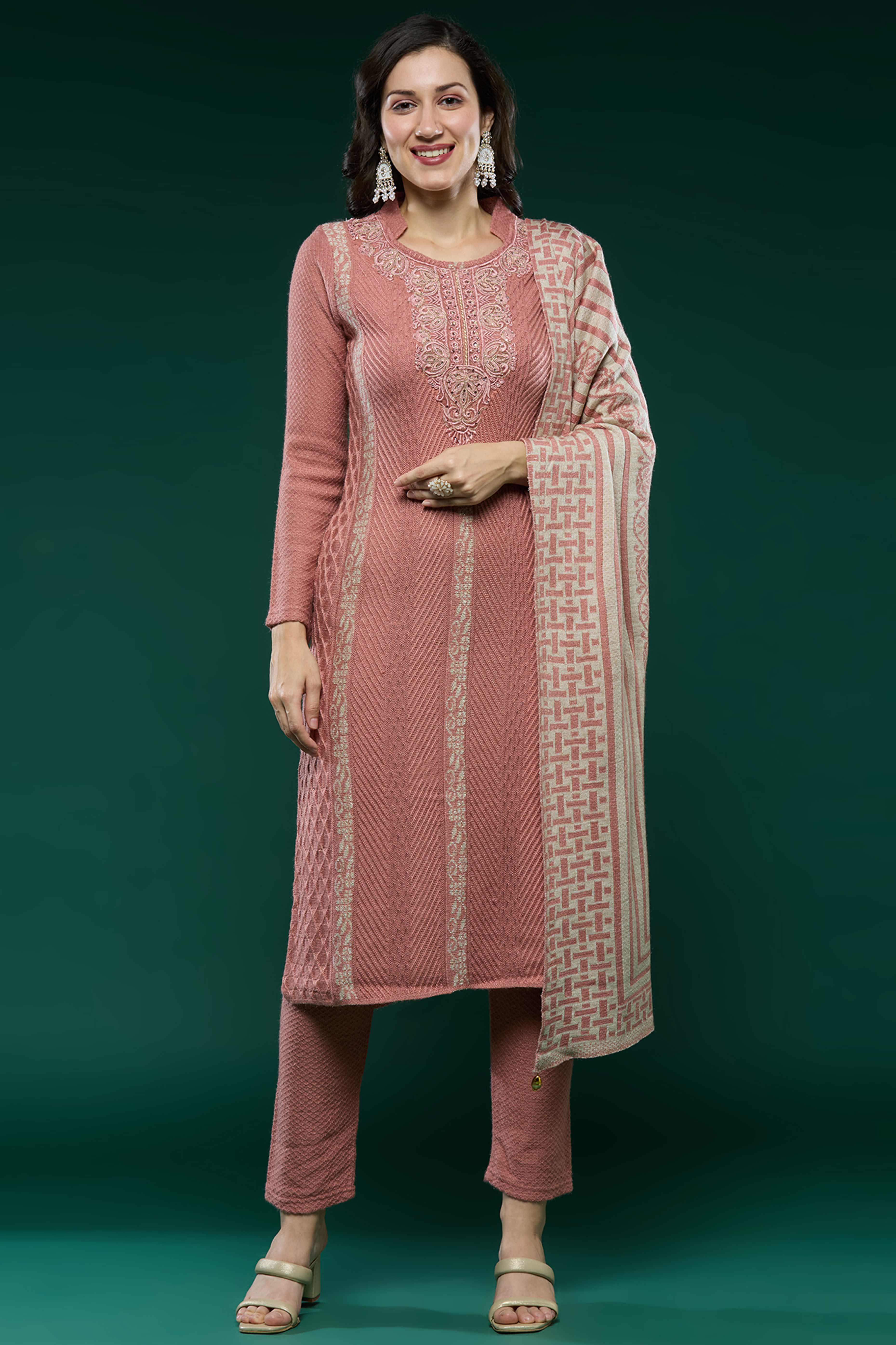 Peach Woven Woolen Straight Salwar Suit