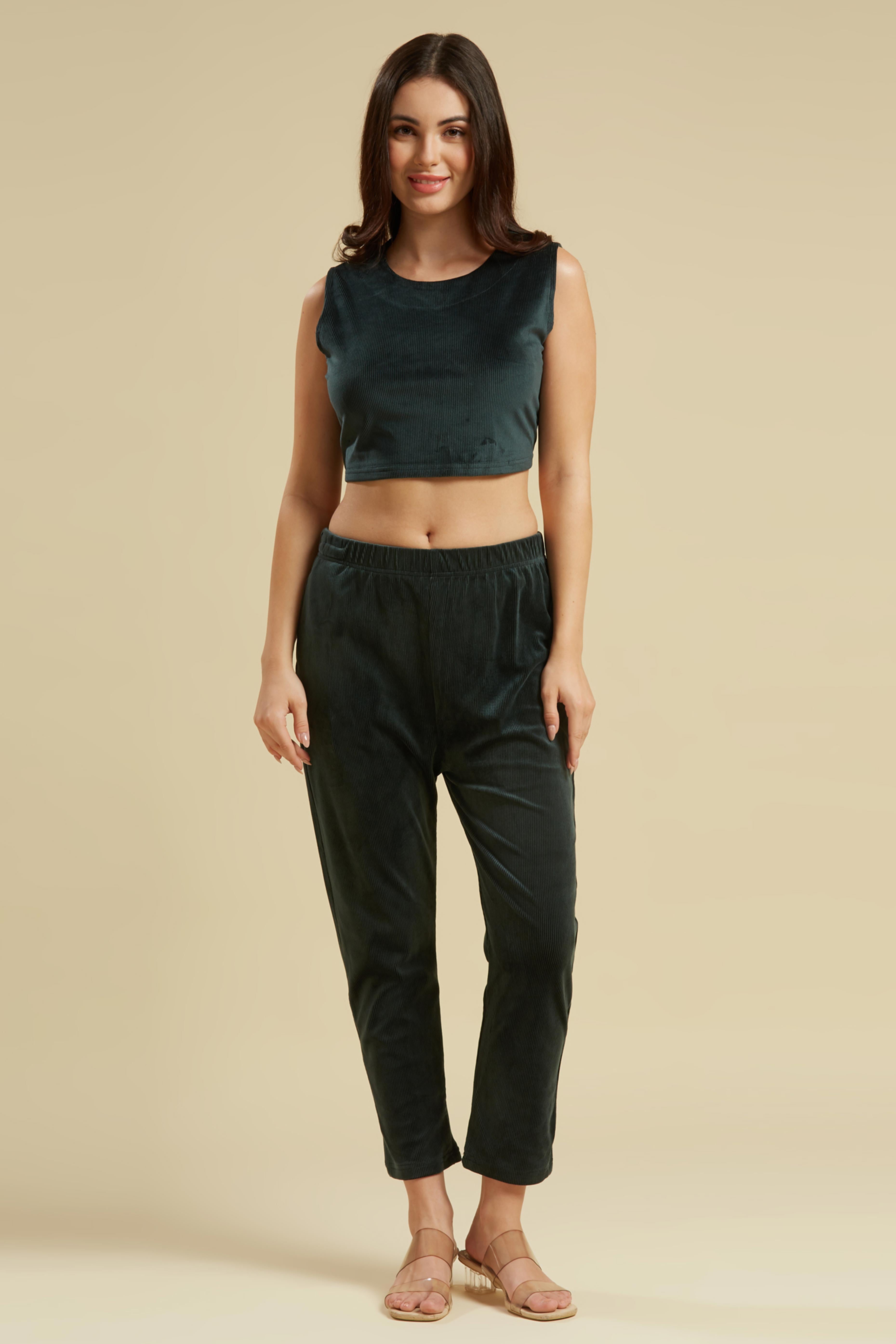 Green Embroidered Velvet Front Slit Top Bottom Set