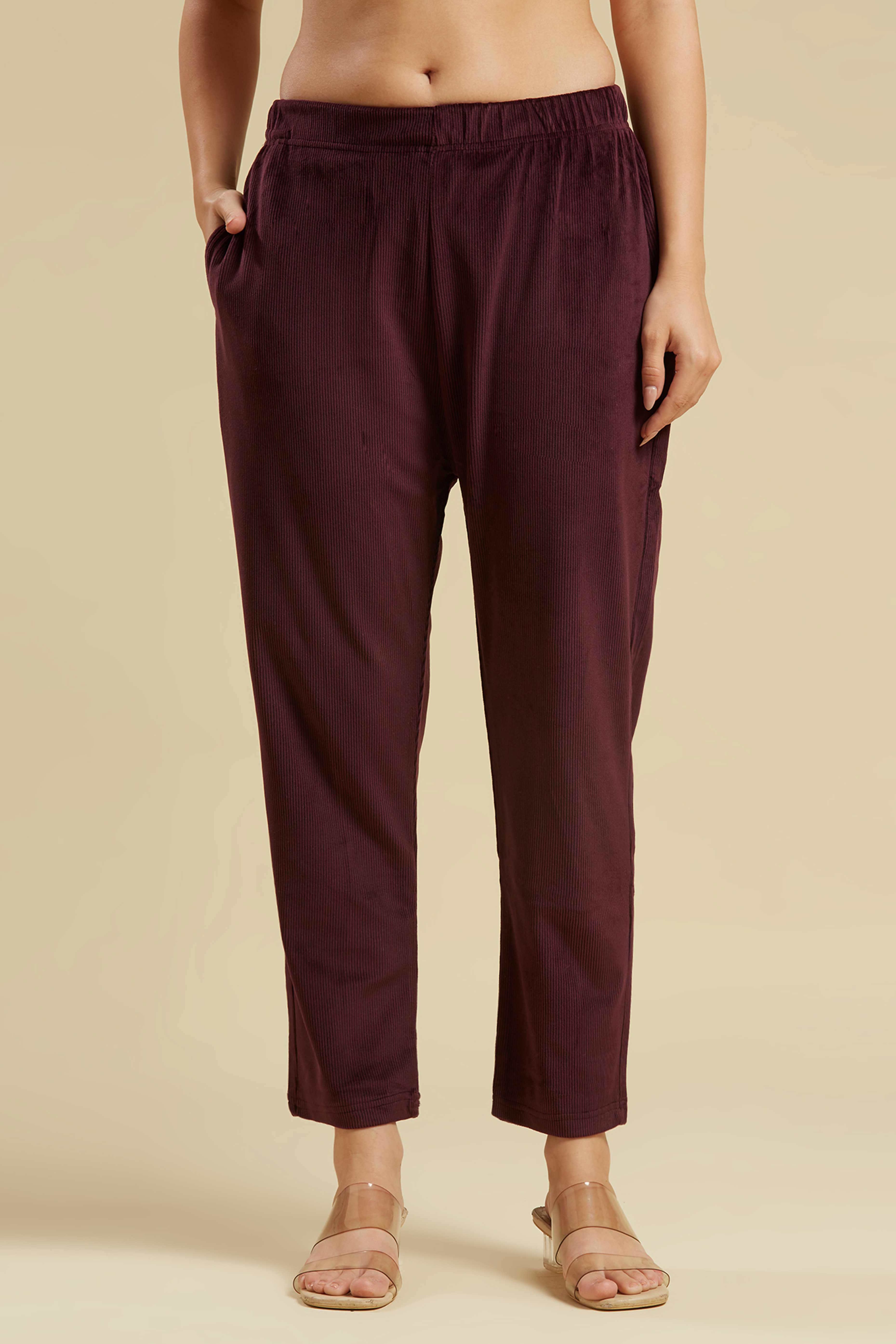 Wine Embroidered Velvet A-Line Top Bottom Set