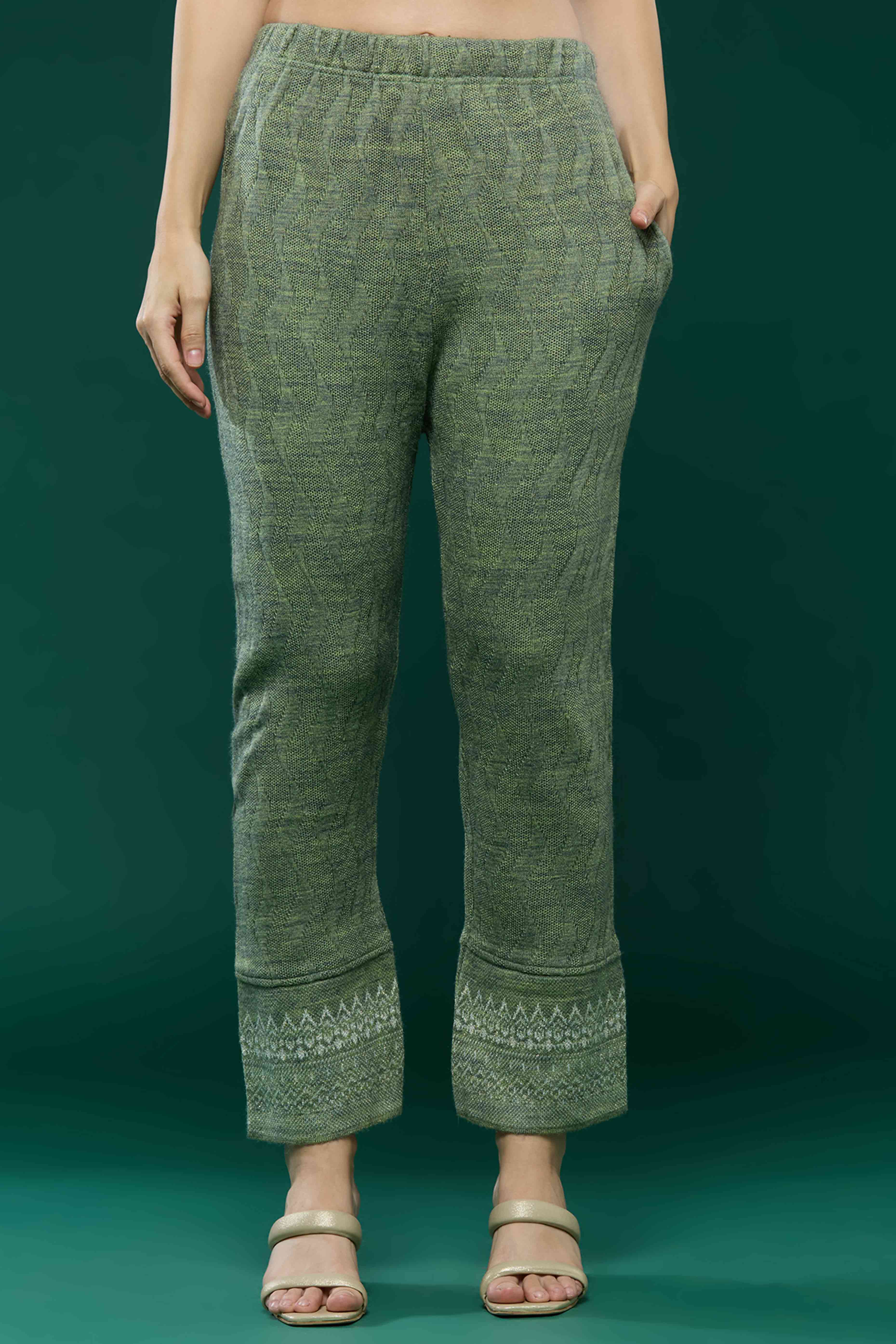 Green Woven Woolen Straight Salwar Suit