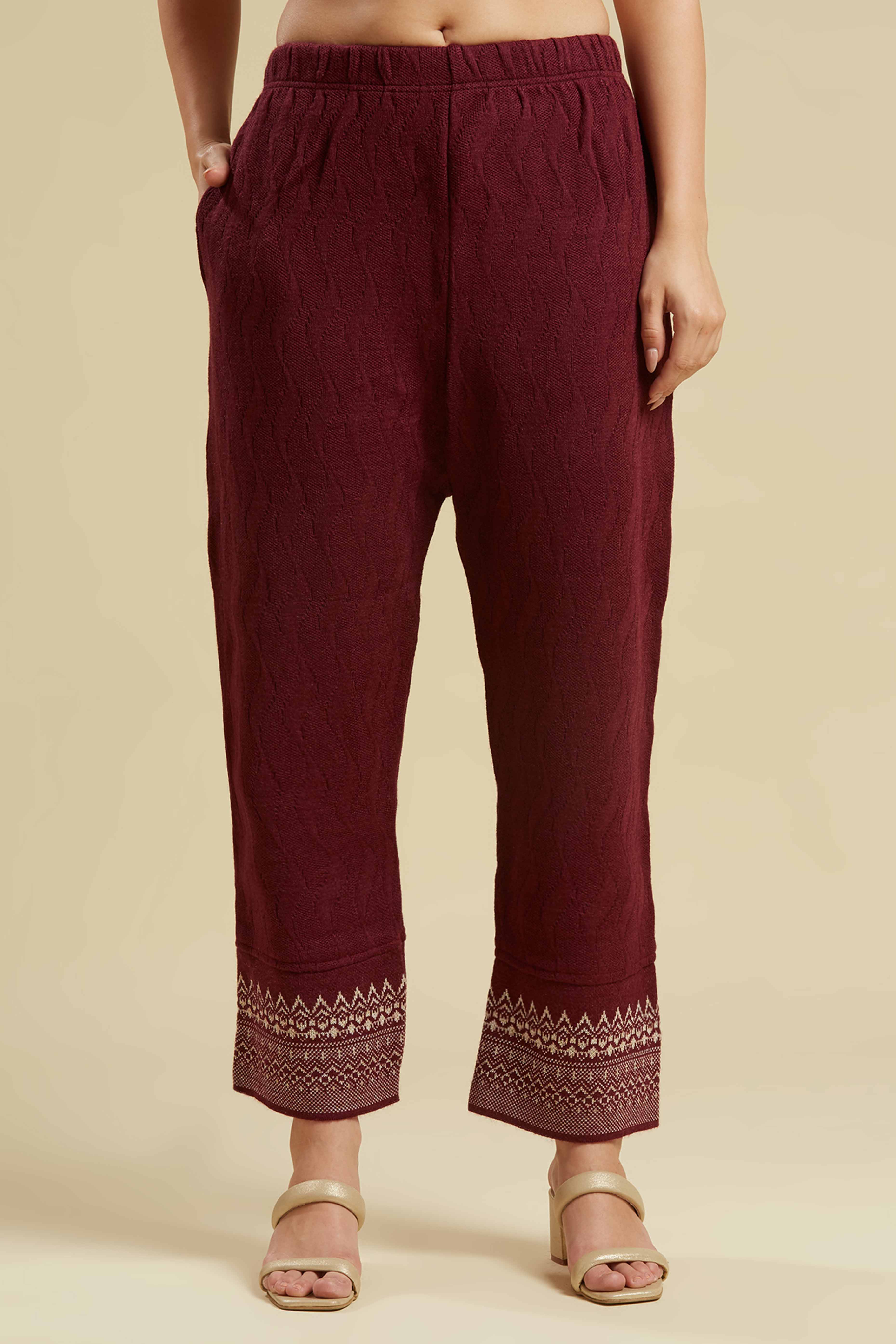 Wine Embroidered Woolen Straight Salwar Suit