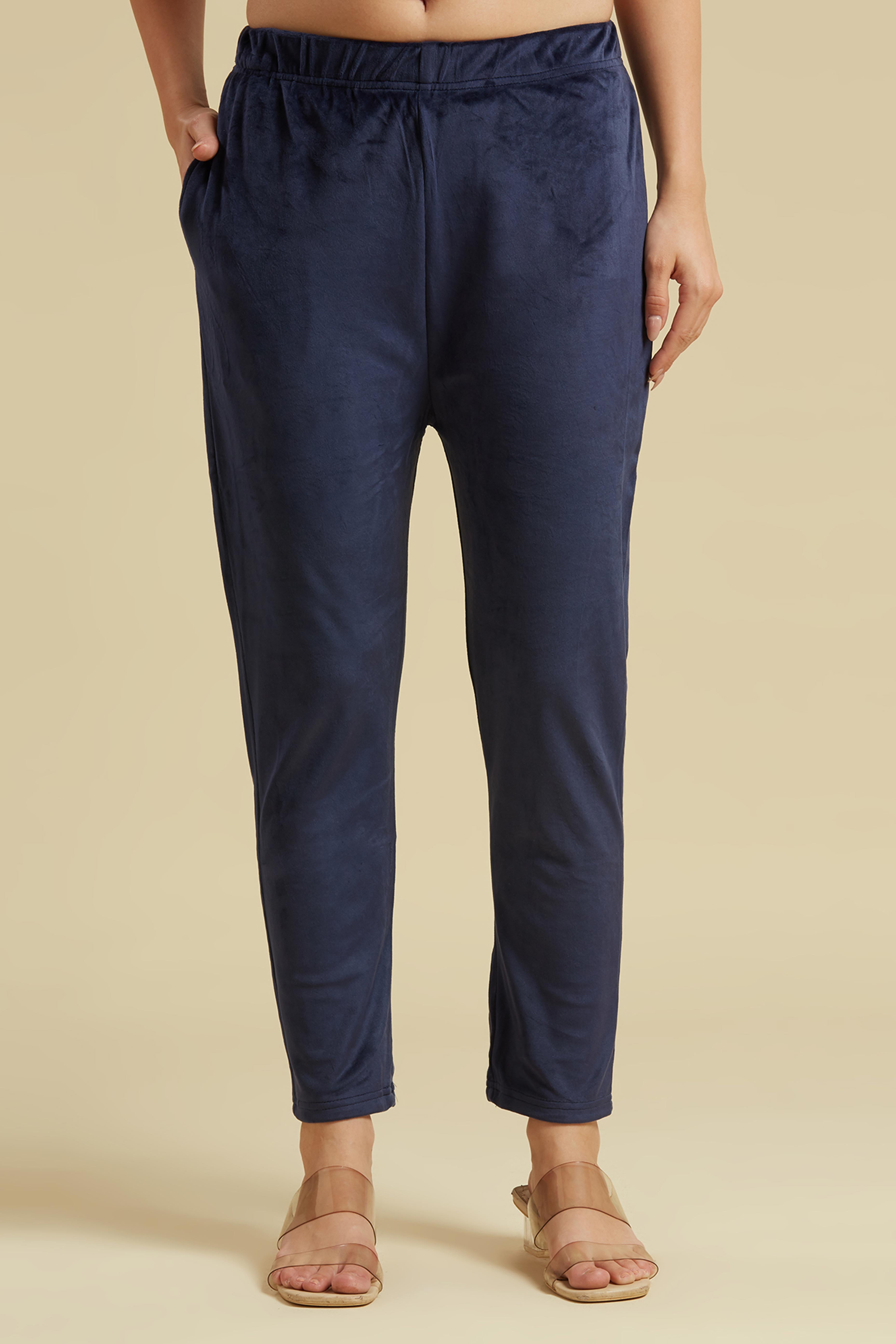 Navy Blue Embroidered Velvet Straight Top Bottom Set