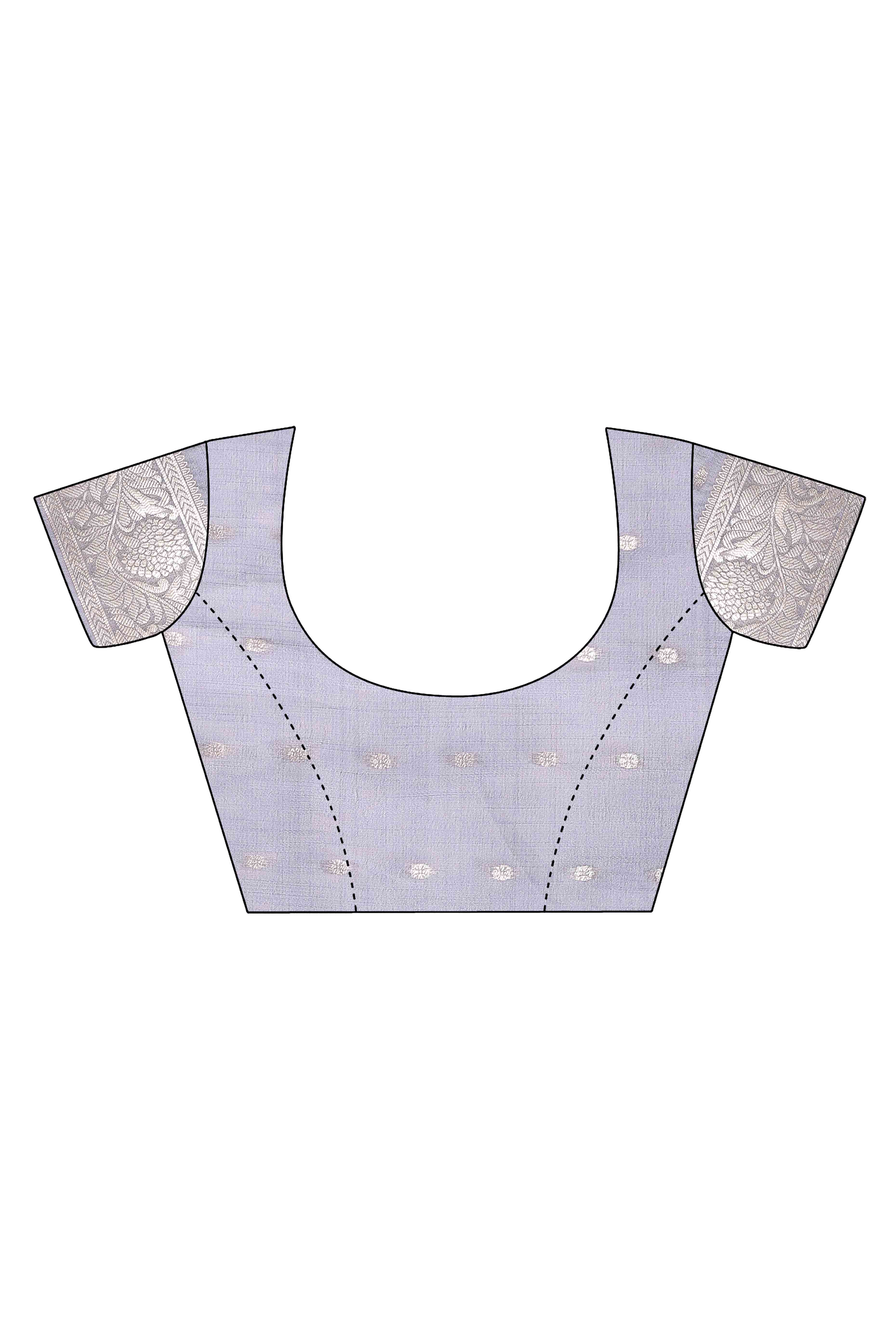 Grey Lichi Cotton Blend Saree With Zari Floral Weaving & Tassel Detailing