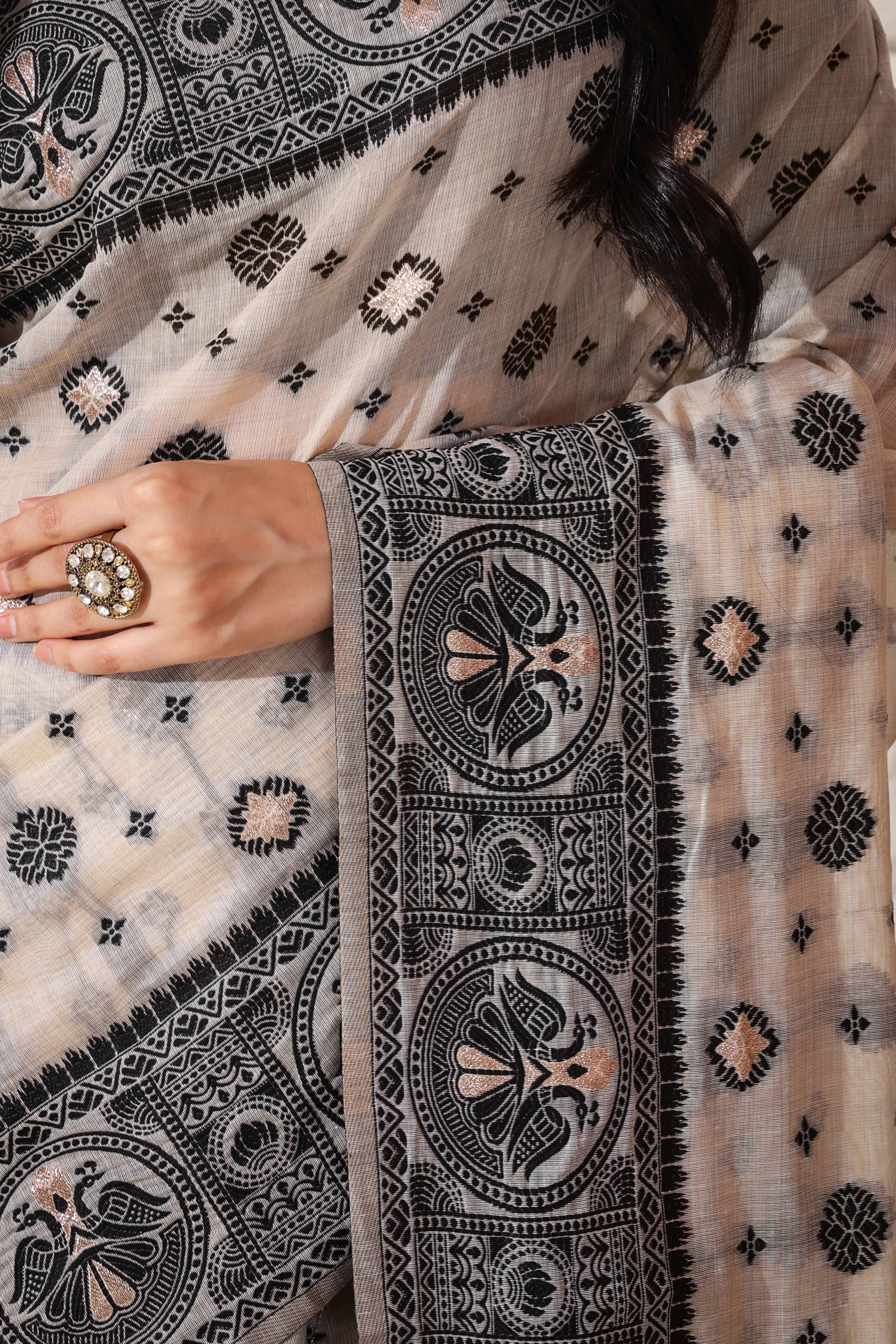 Cream & Black Saree In Linen Cotton With Traditional Zari Woven Detailing And Tassel Pallu