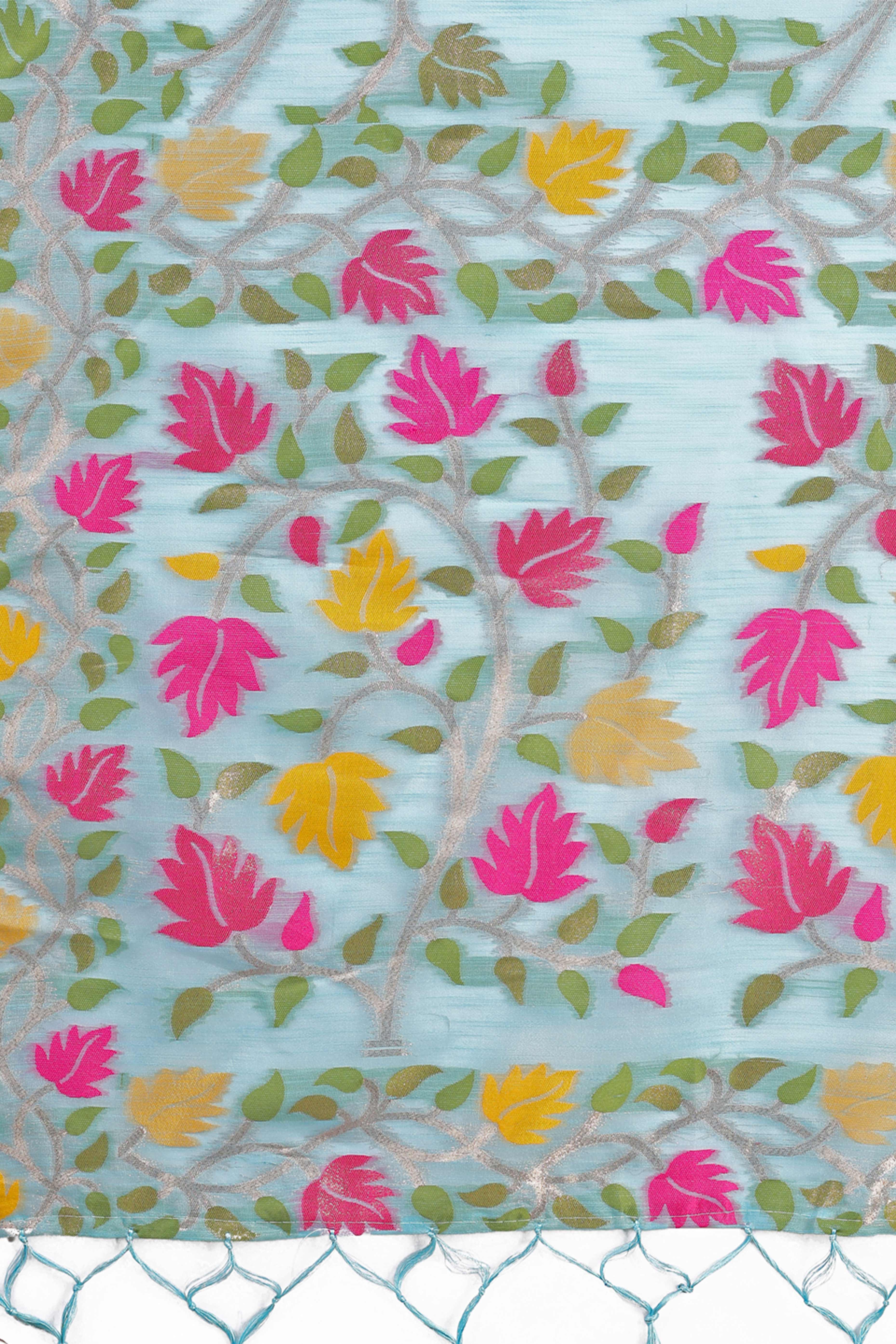Sky Blue Linen Cotton Silk  Saree Enhanced With Floral Zari Weaving & Tasselled Pallu Finish