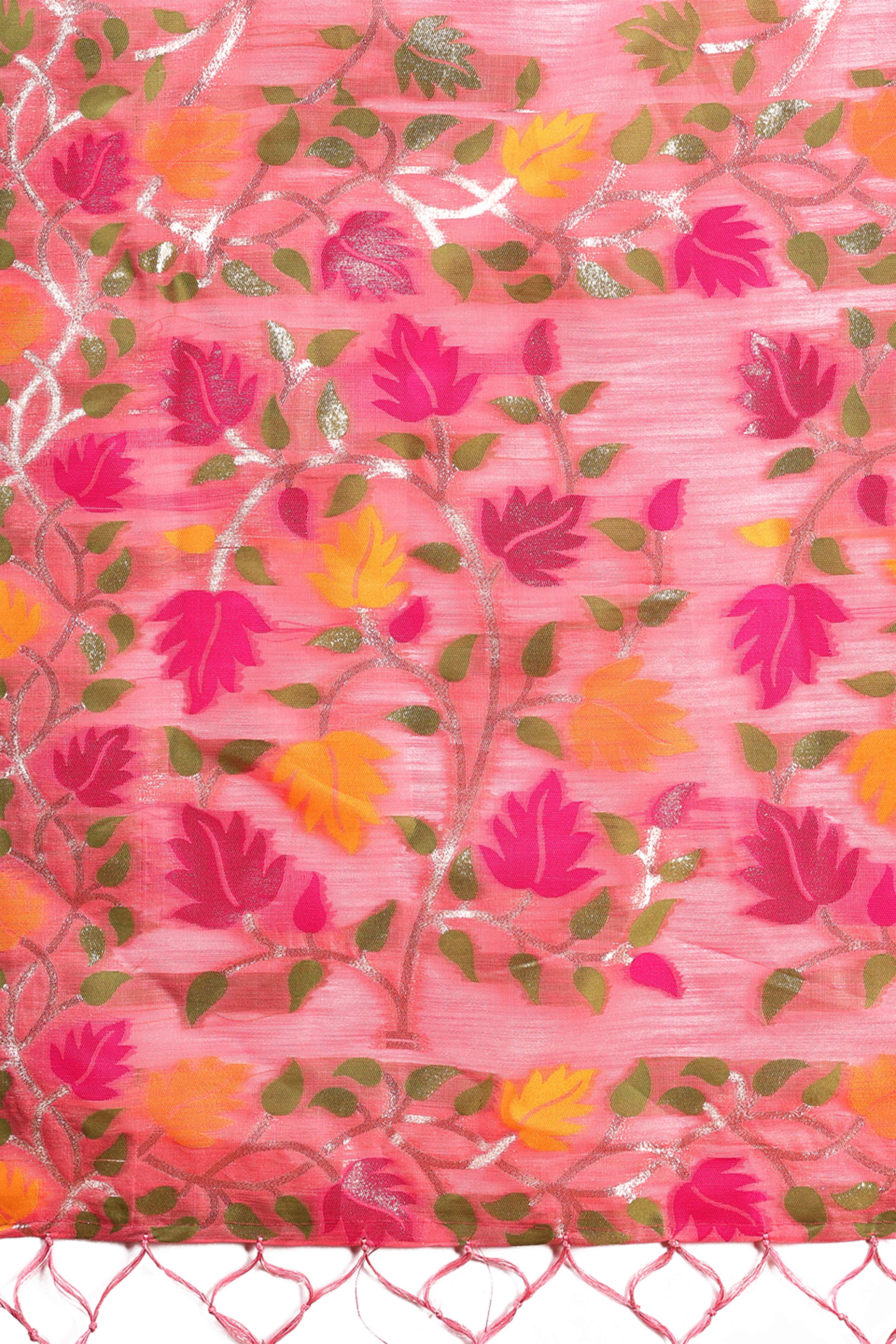 Pink Linen Cotton Silk  Saree Enhanced With Floral Zari Weaving & Tasselled Pallu Finish