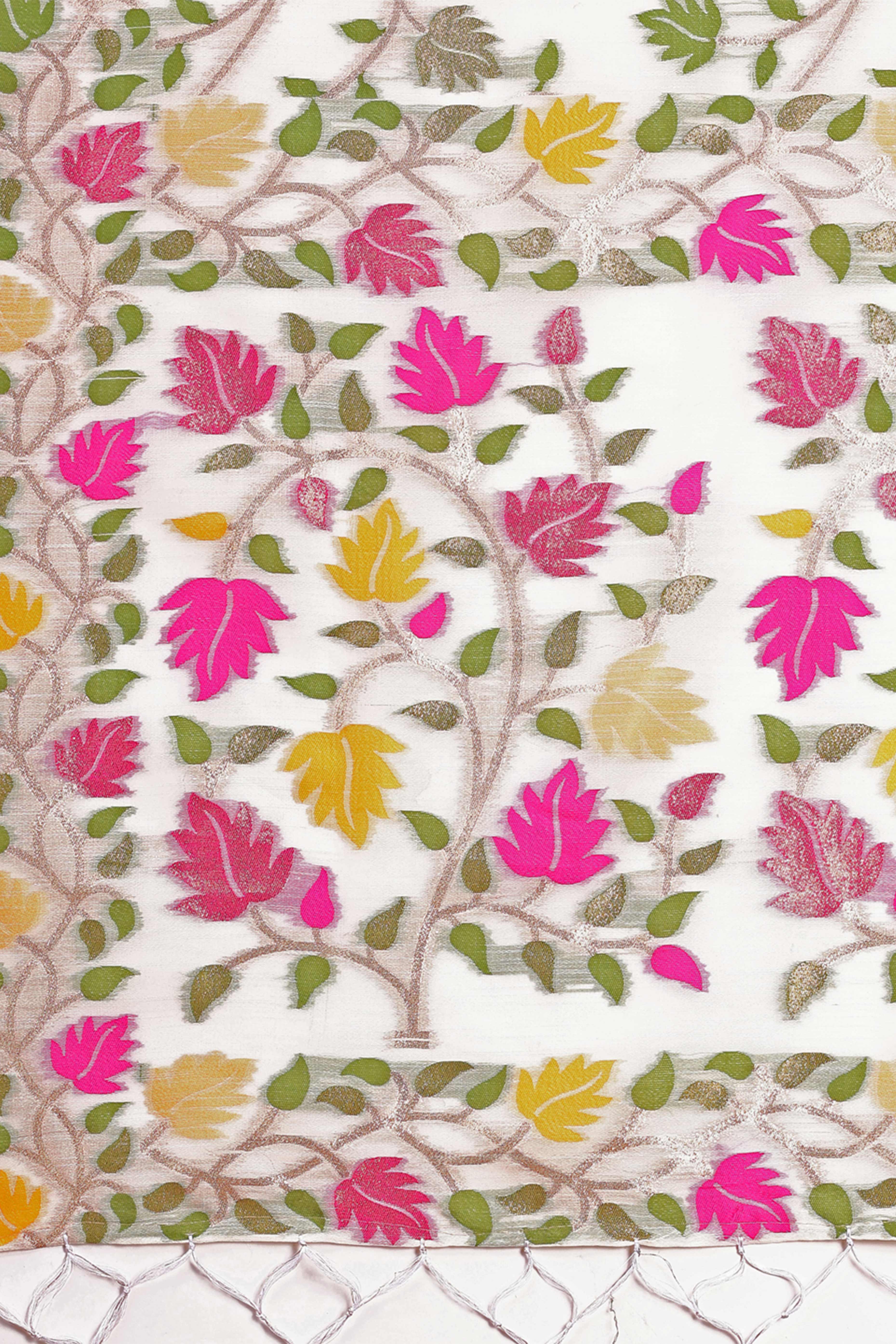 White Linen Cotton Silk  Saree Enhanced With Floral Zari Weaving & Tasselled Pallu Finish