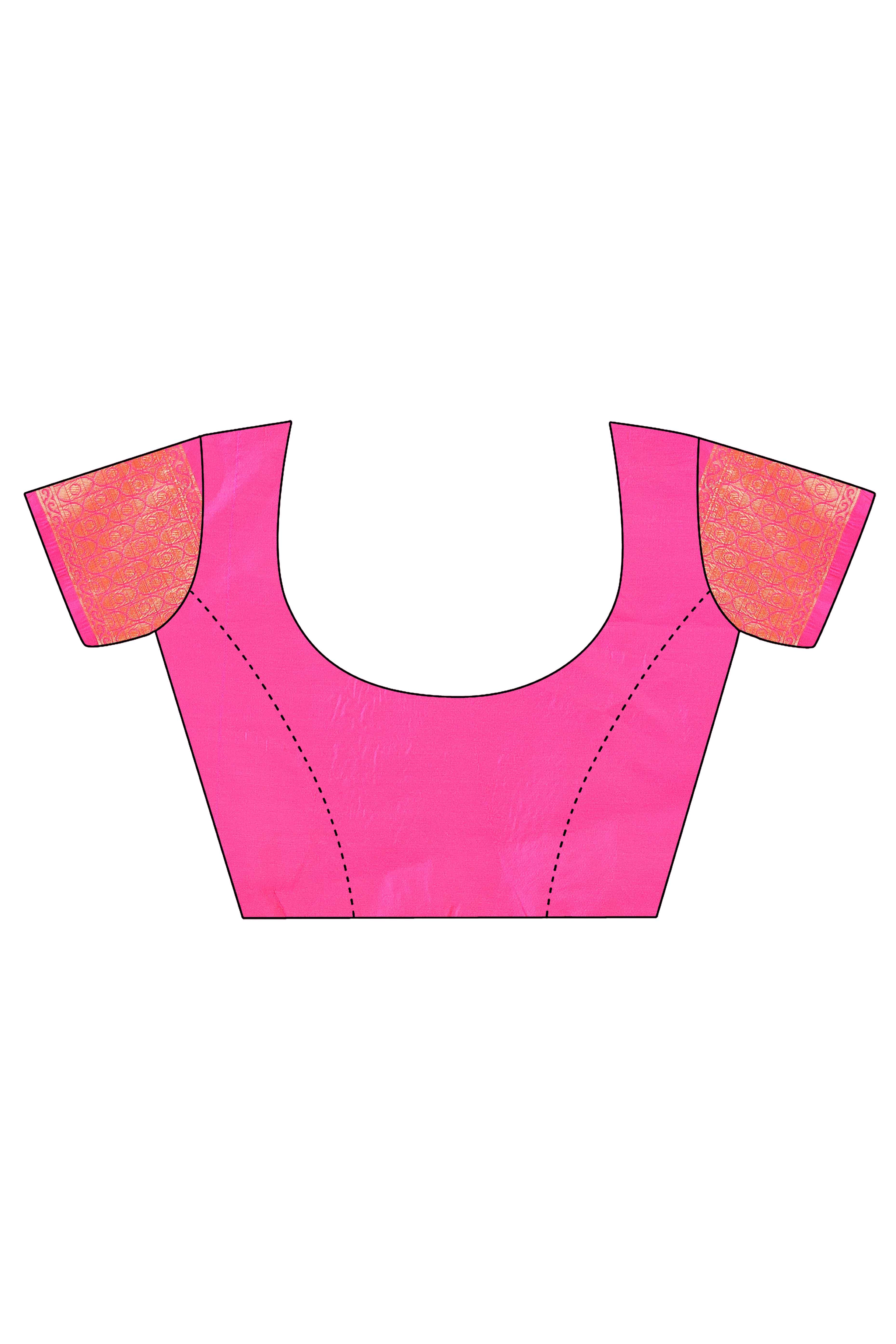 Pink Lichi Banarasi Silk Saree With Floral Zari Work & Tassel Border