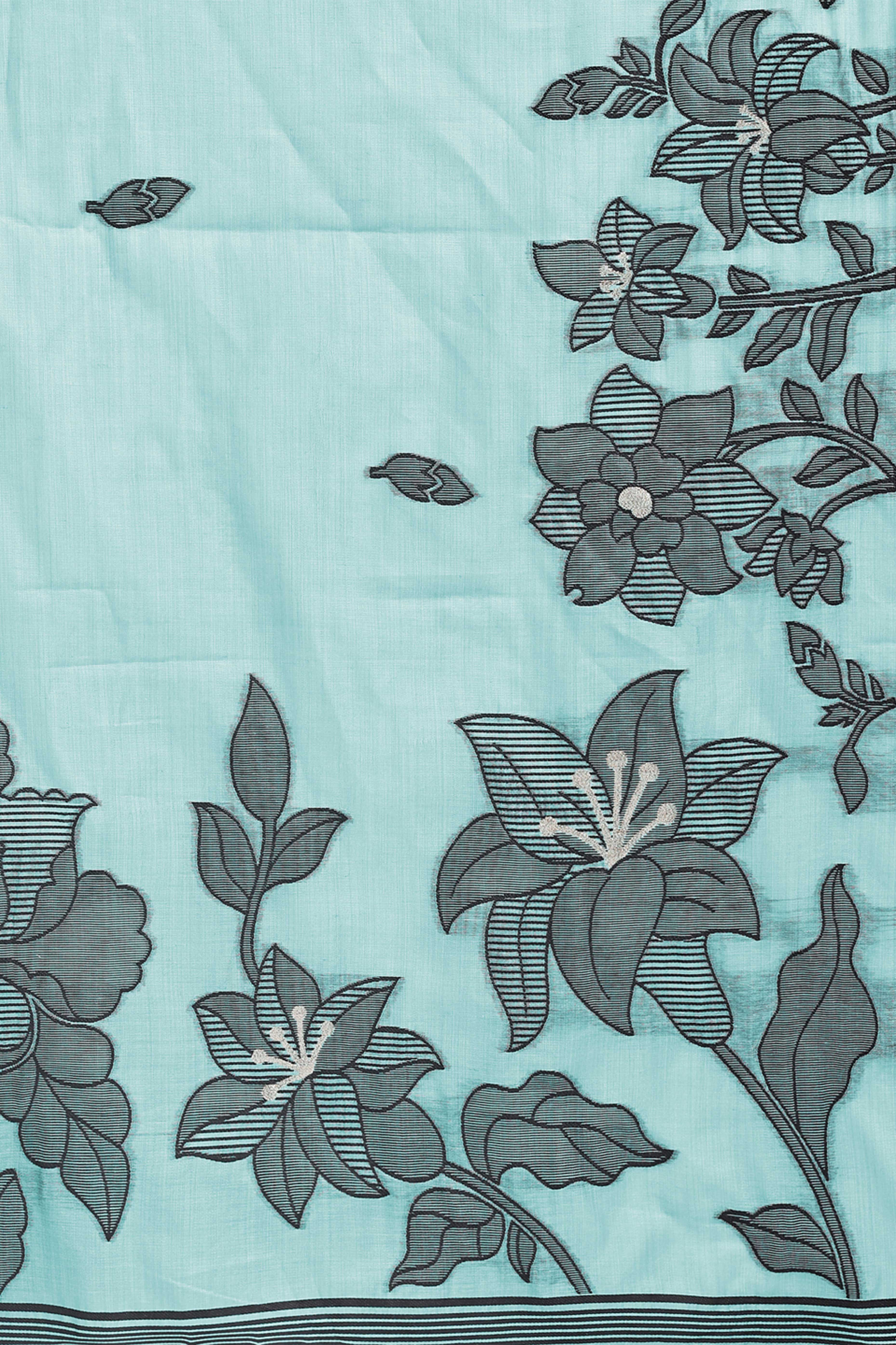 Sea Green Ethnic Saree in a Linen Cotton Blend Adorned with Floral Weave Designs