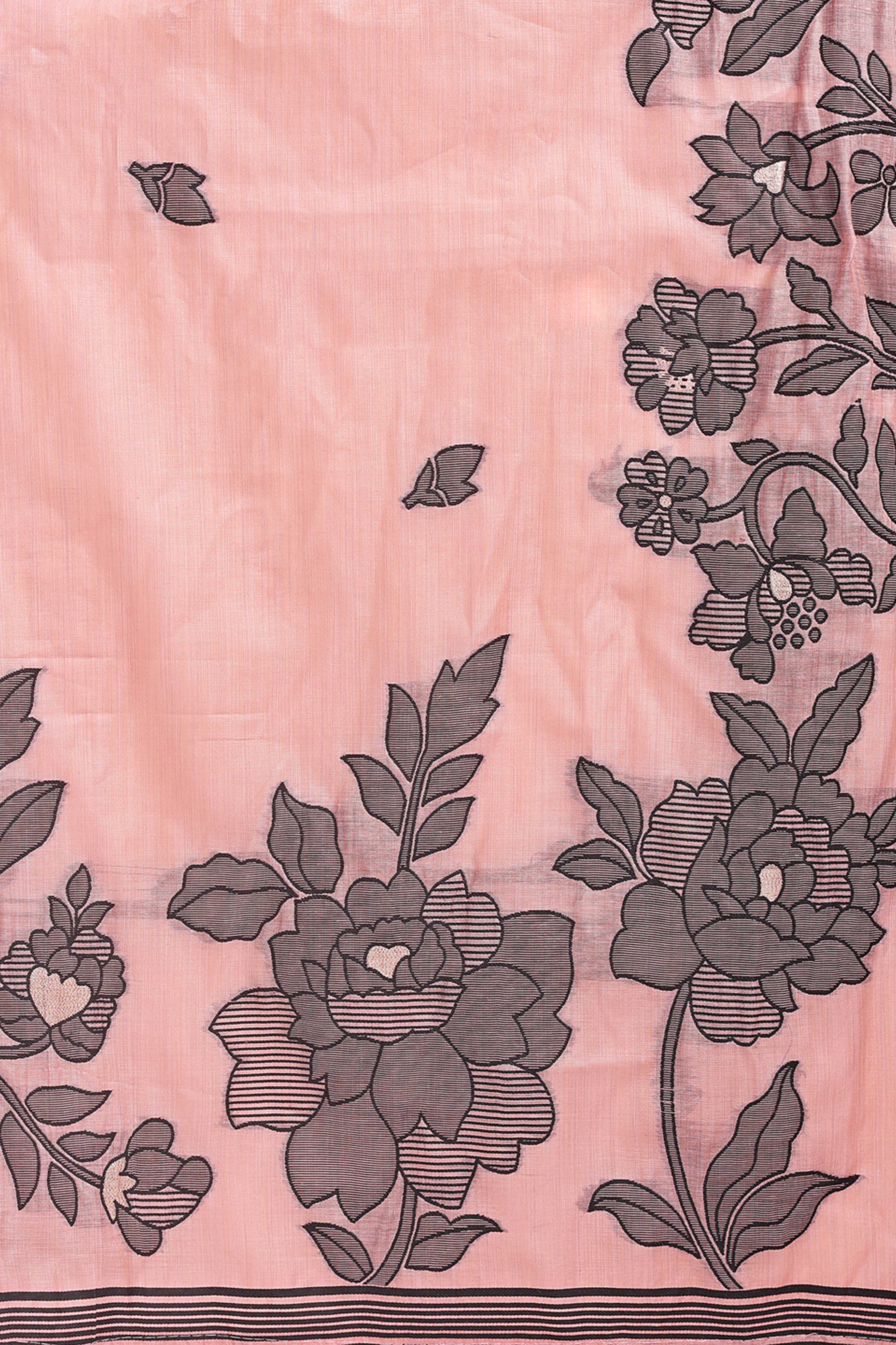 Peach Ethnic Saree in a Linen Cotton Blend Adorned with Floral Weave Designs