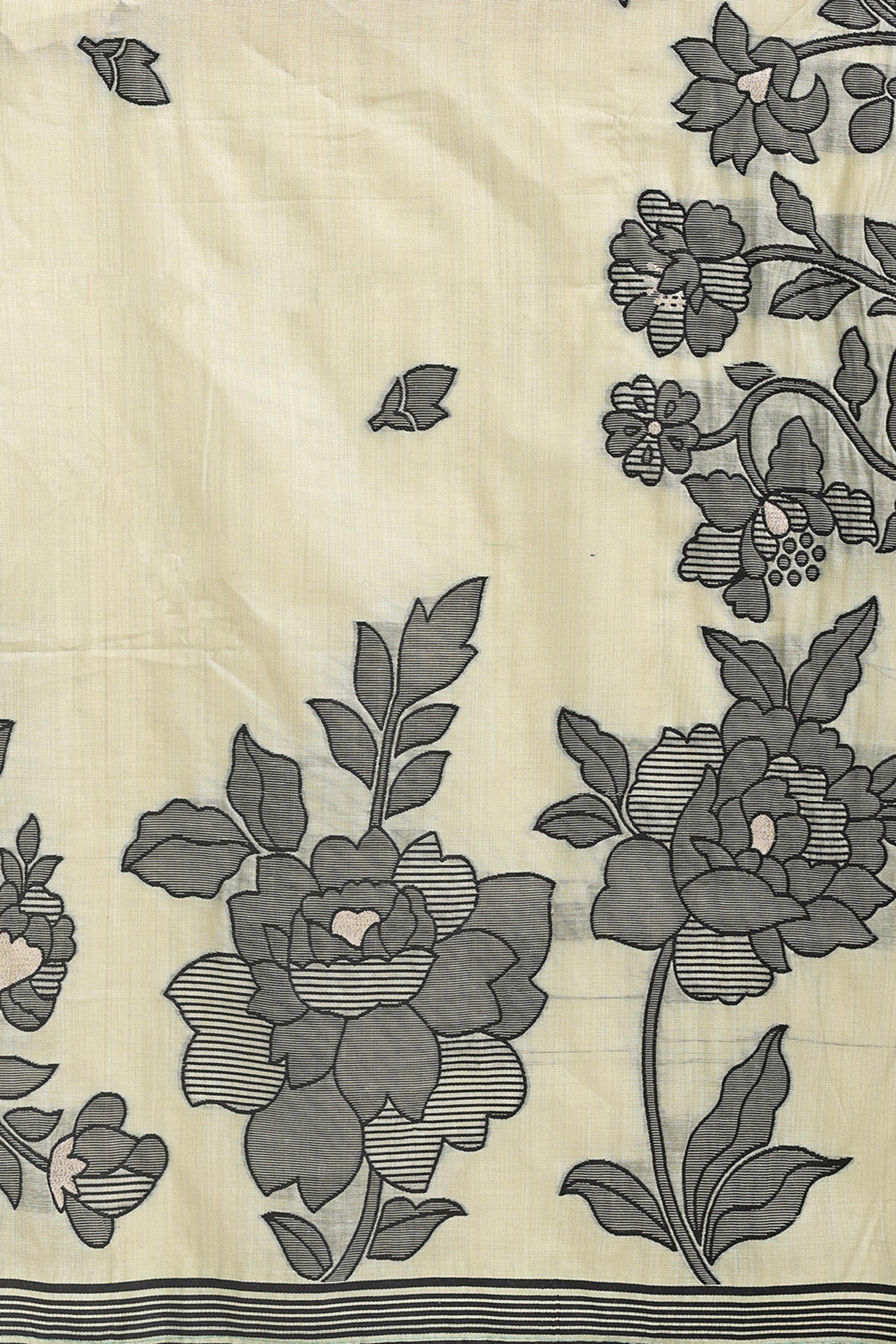 Light Green Ethnic Saree in a Linen Cotton Blend Adorned with Floral Weave Designs