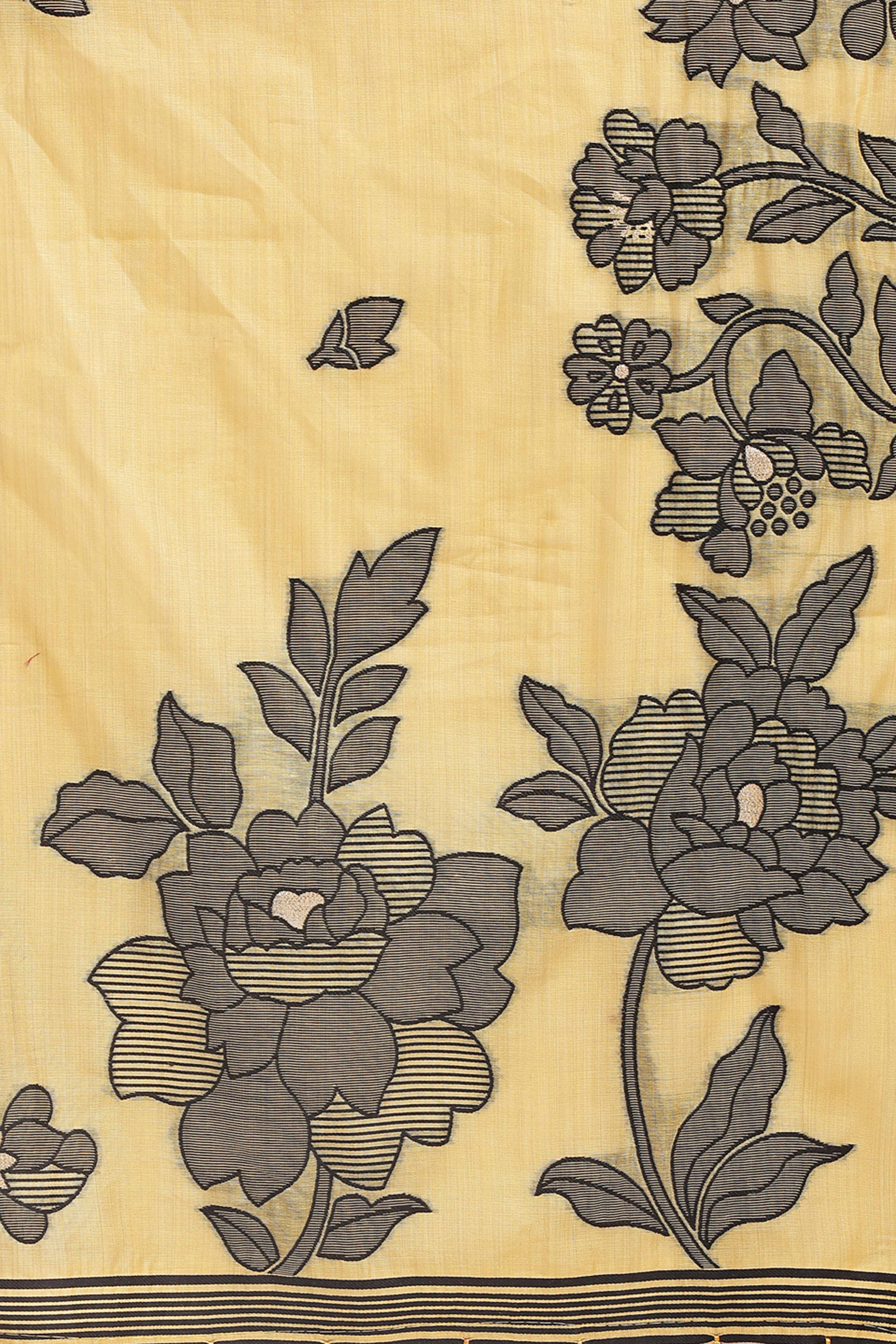 Yellow Ethnic Saree in a Linen Cotton Blend Adorned with Floral Weave Designs