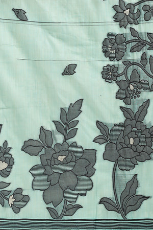 Rama Green Ethnic Saree in a Linen Cotton Blend Adorned with Floral Weave Designs