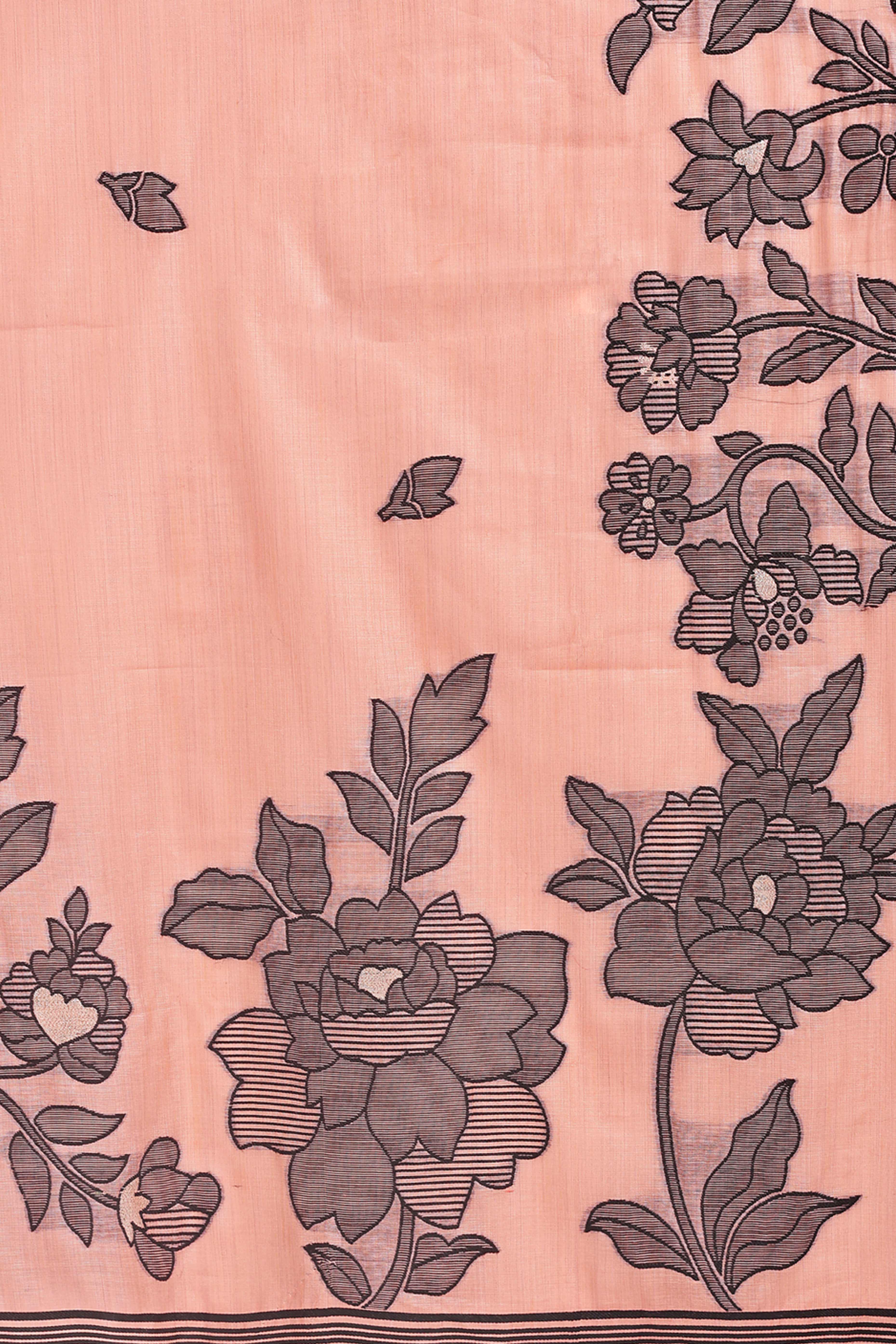 Orange Ethnic Saree in a Linen Cotton Blend Adorned with Floral Weave Designs