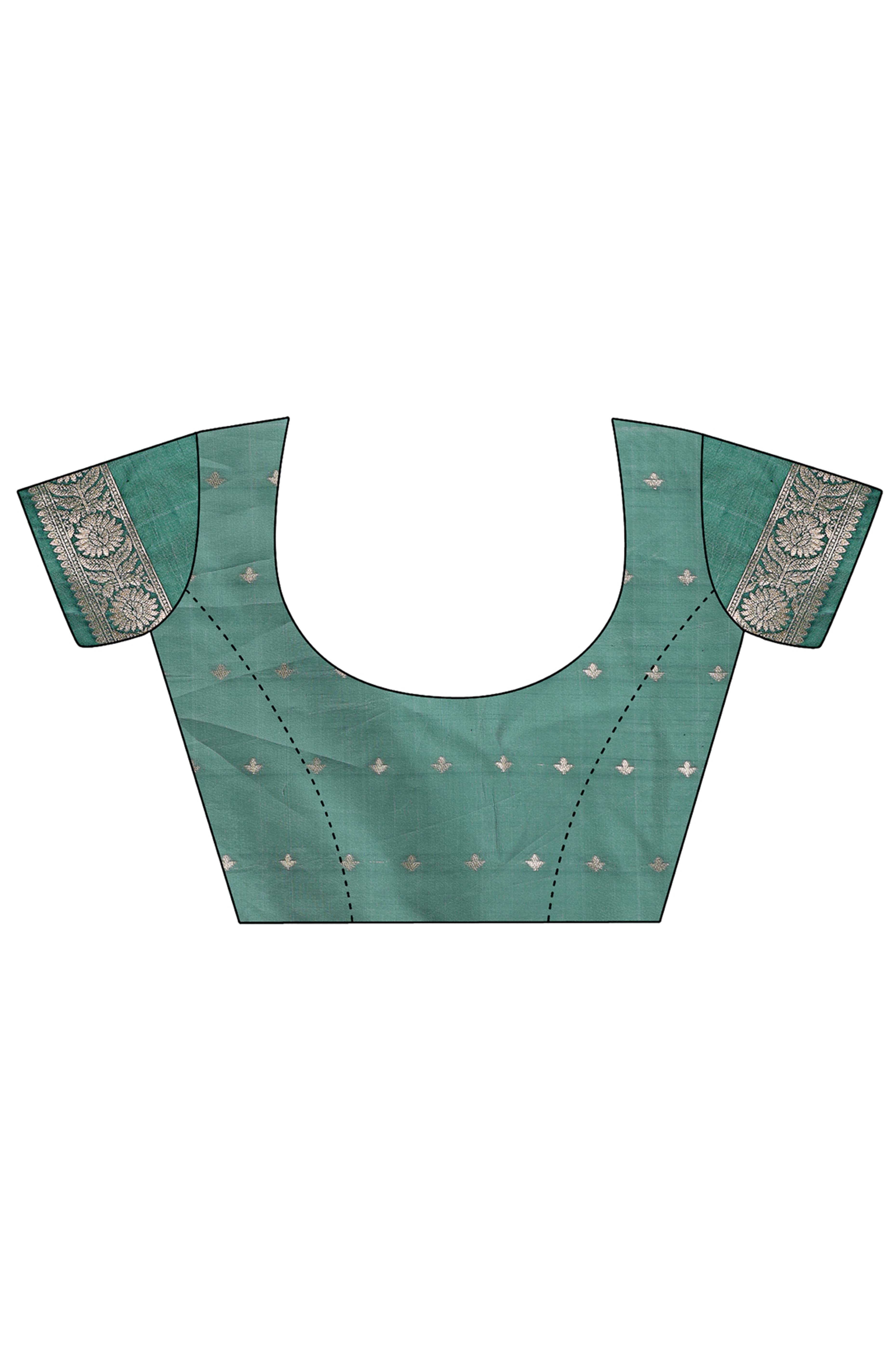 Green Cotton Blend Saree with Woven Floral Brocade Patterns and Tasseled Borders