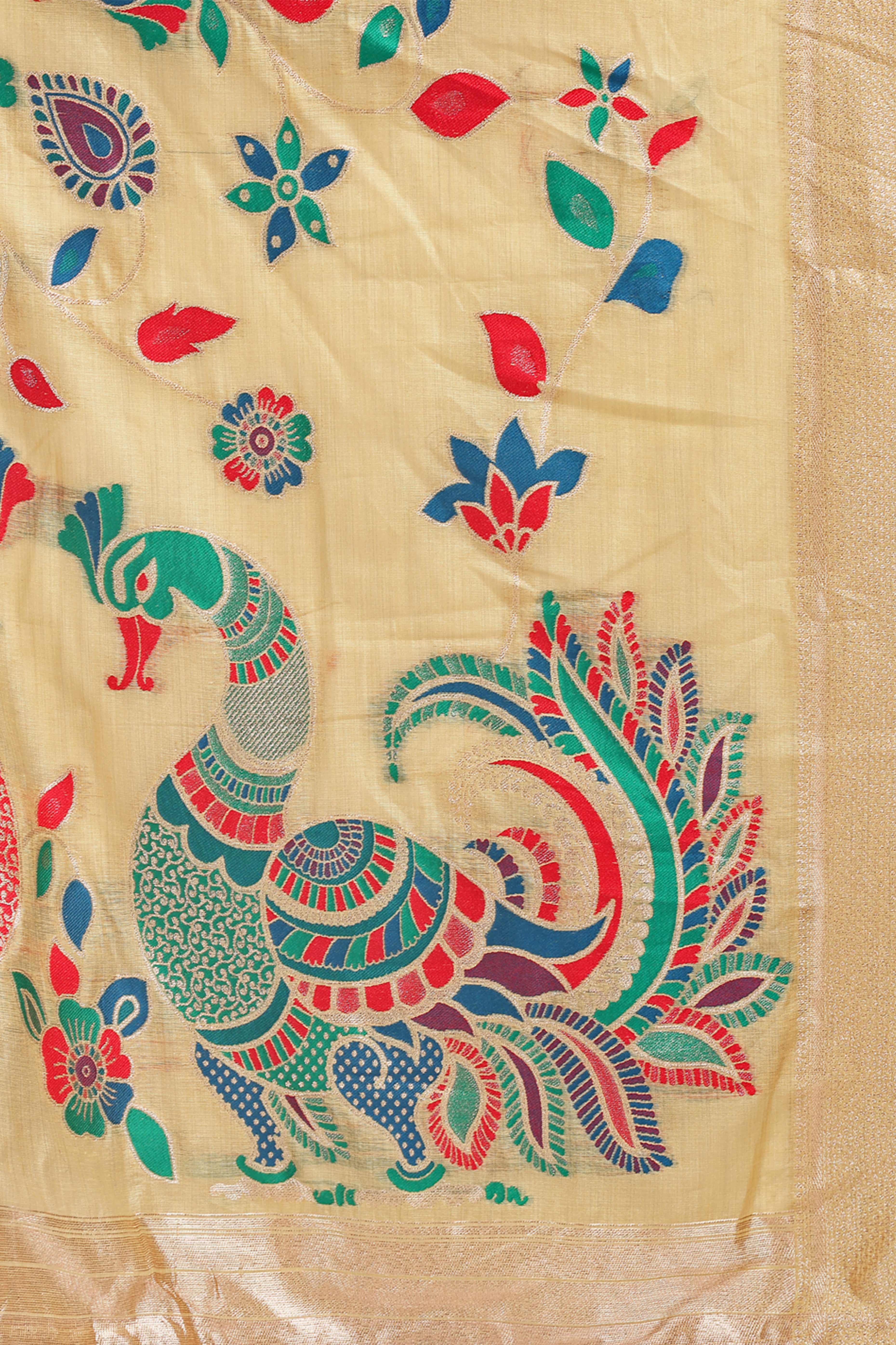 Yelllow Floral Woven Linen Cotton Saree Accented With Peacock Motif Pallu & Zari Border