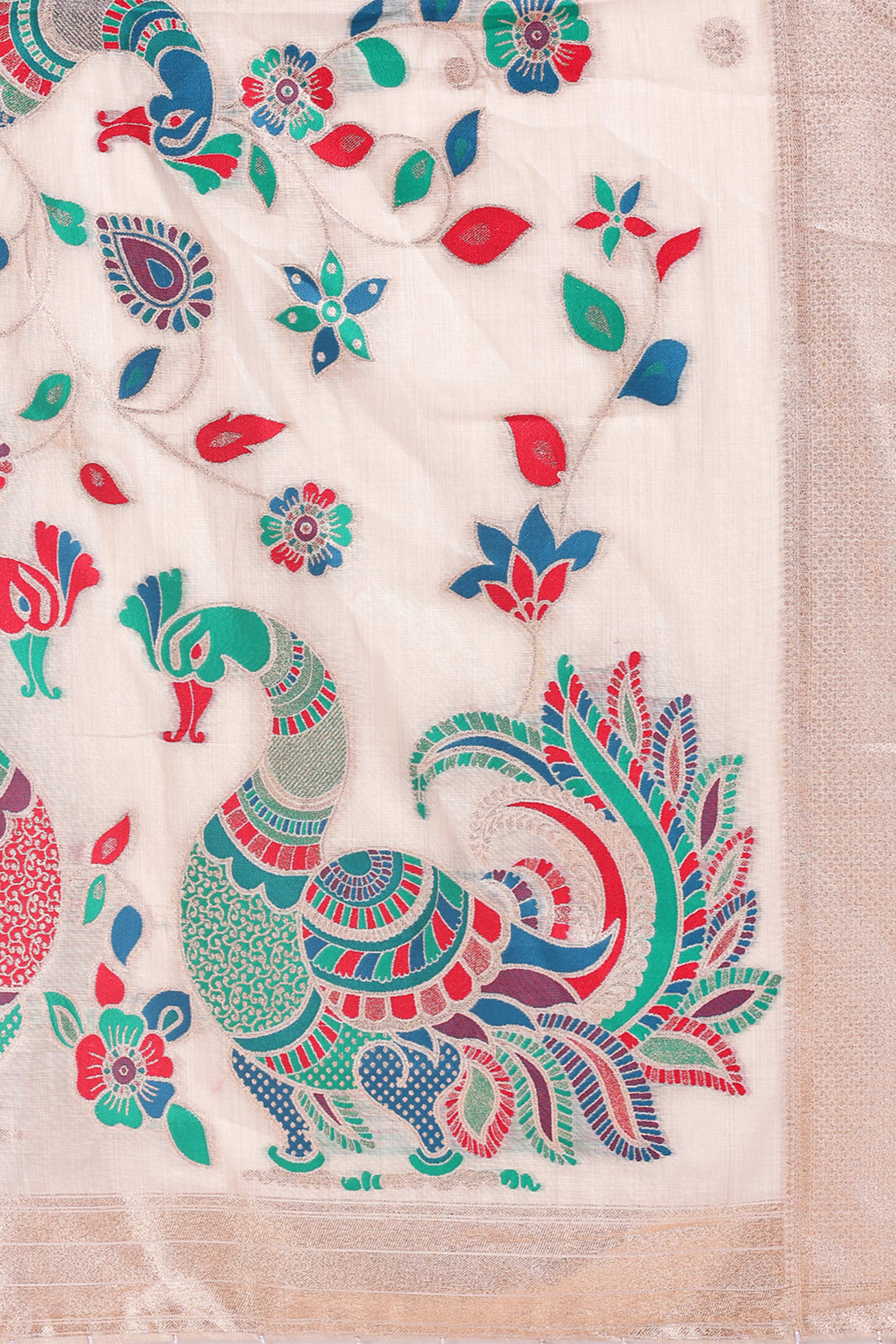 Cream Floral Woven Linen Cotton Saree Accented With Peacock Motif Pallu & Zari Border